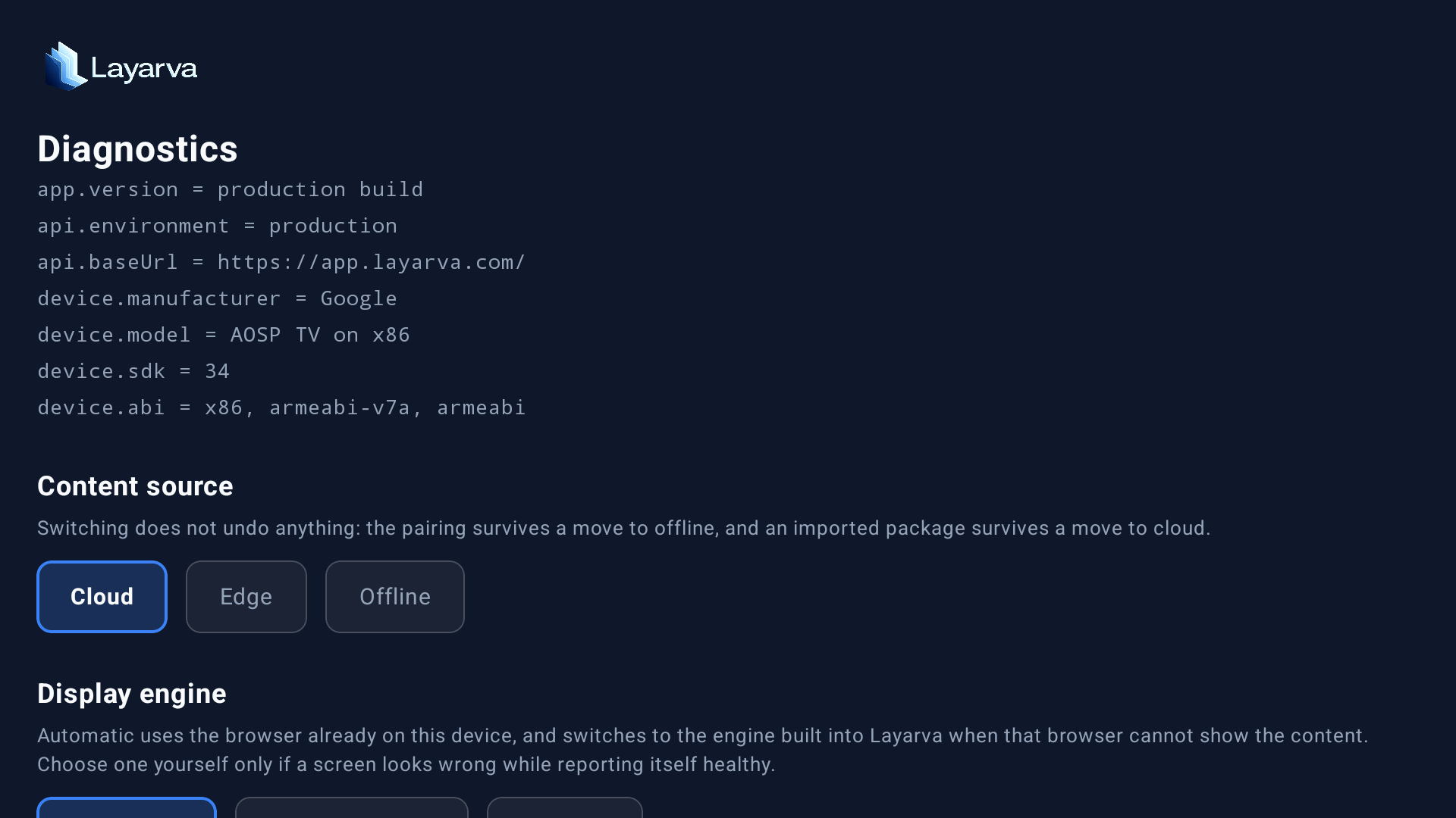 Android Player diagnostics header showing build, API environment, device model, SDK, and ABI