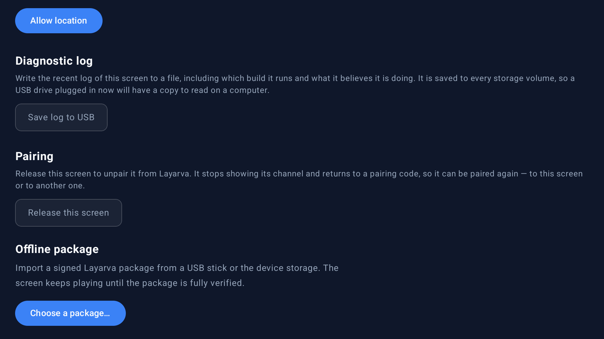 Android Player diagnostics showing location, Save log to USB, Release this screen, and Choose a package