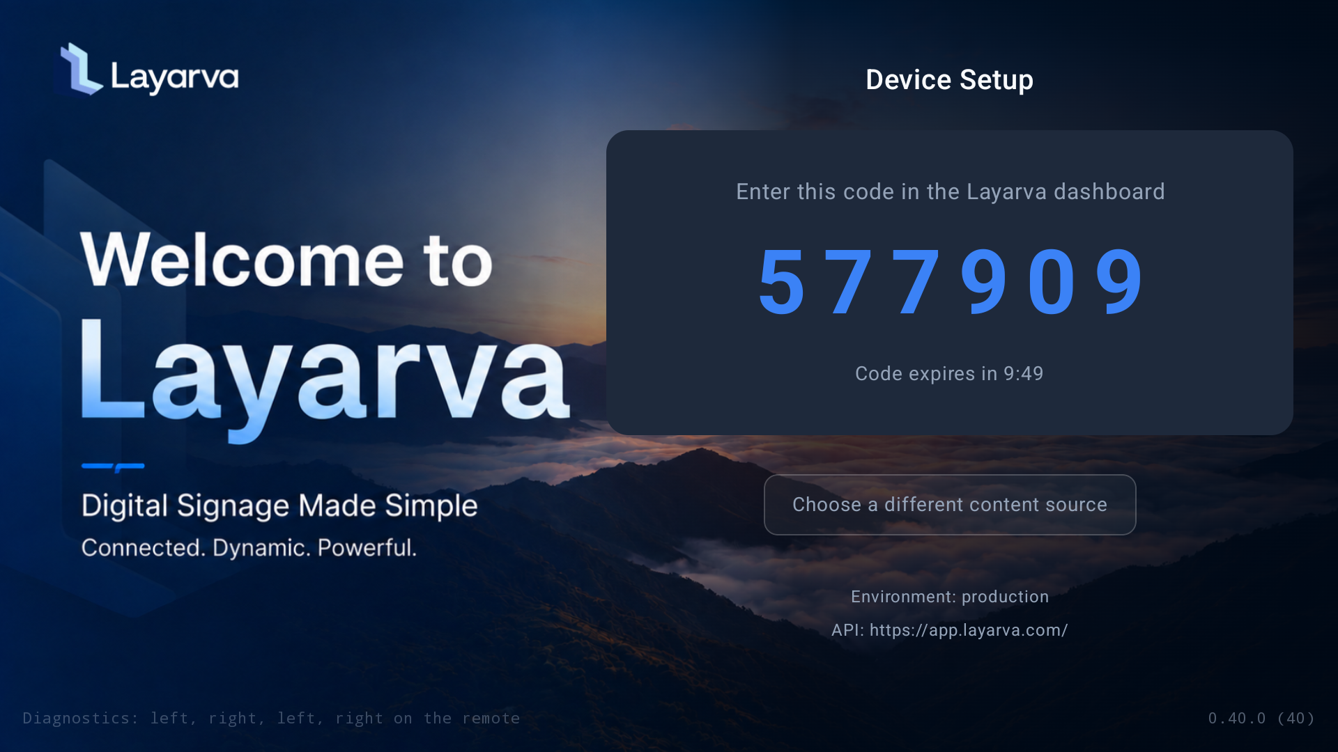 Android Player Cloud pairing screen with a temporary six-digit code
