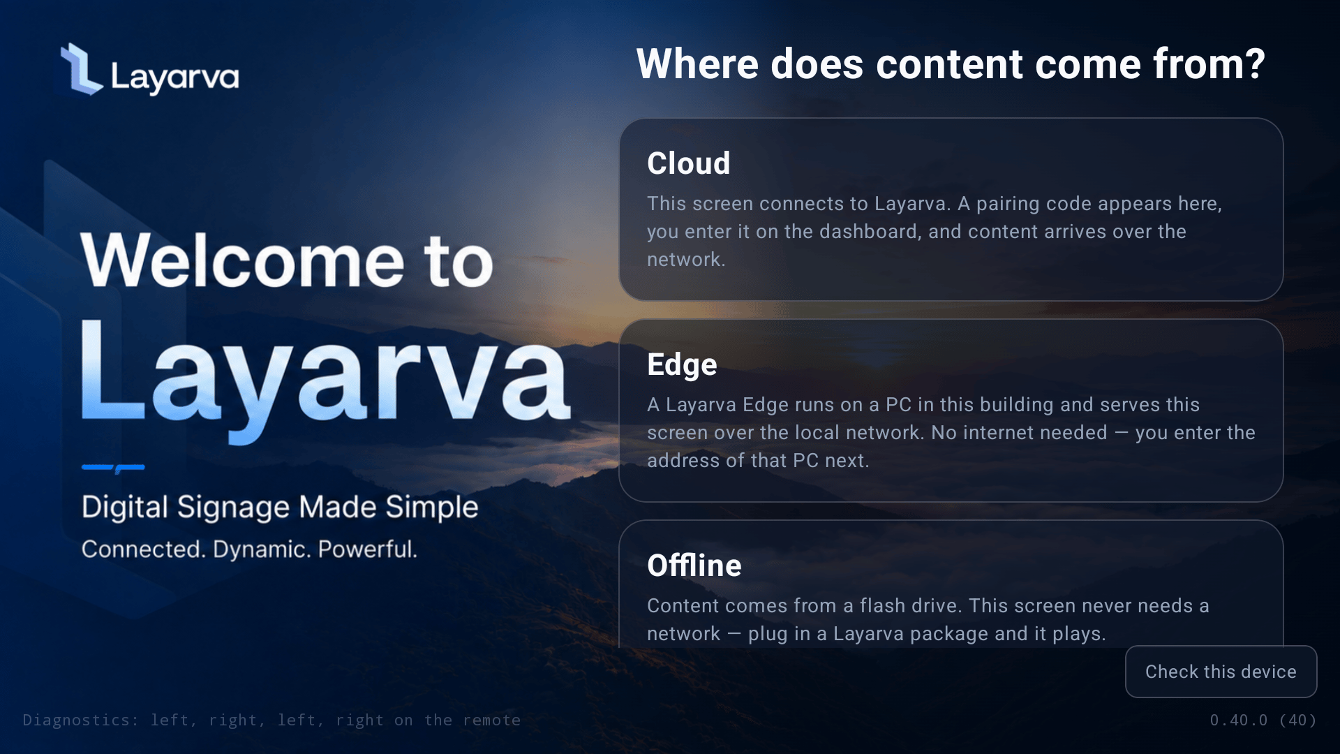 Android Player welcome screen showing Cloud, Edge, Offline, and Check this device