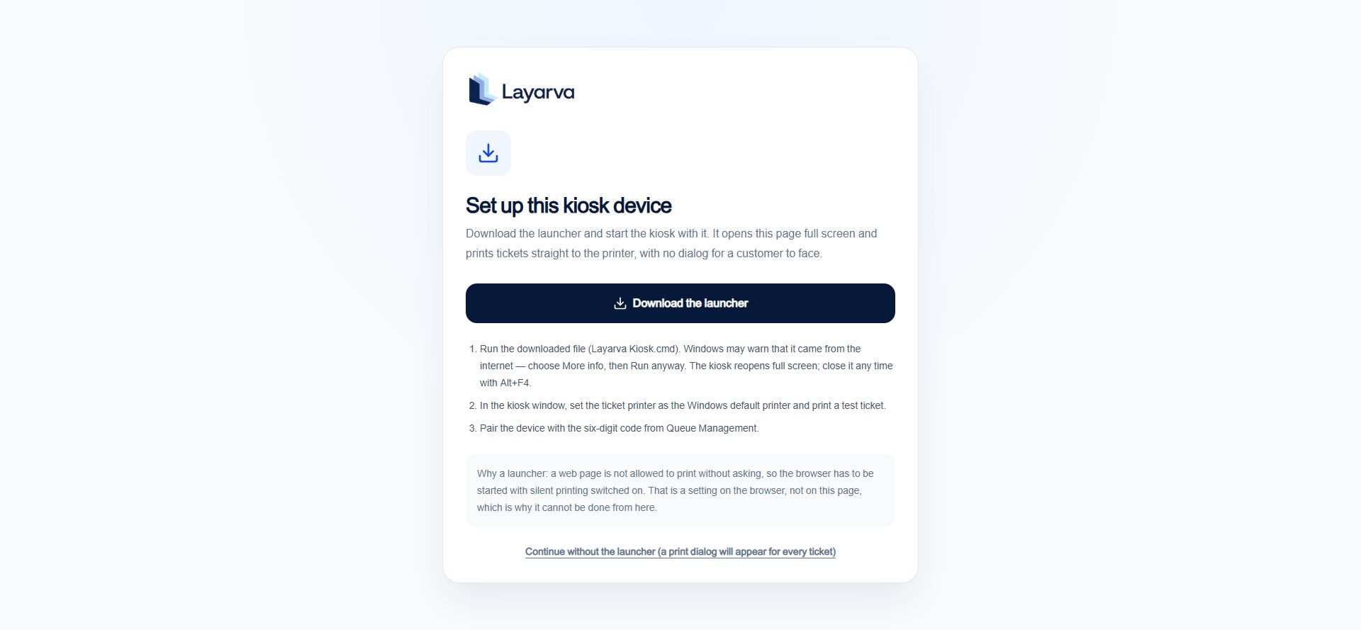 Layarva Kiosk setup page with Download the launcher instructions and browser-only fallback