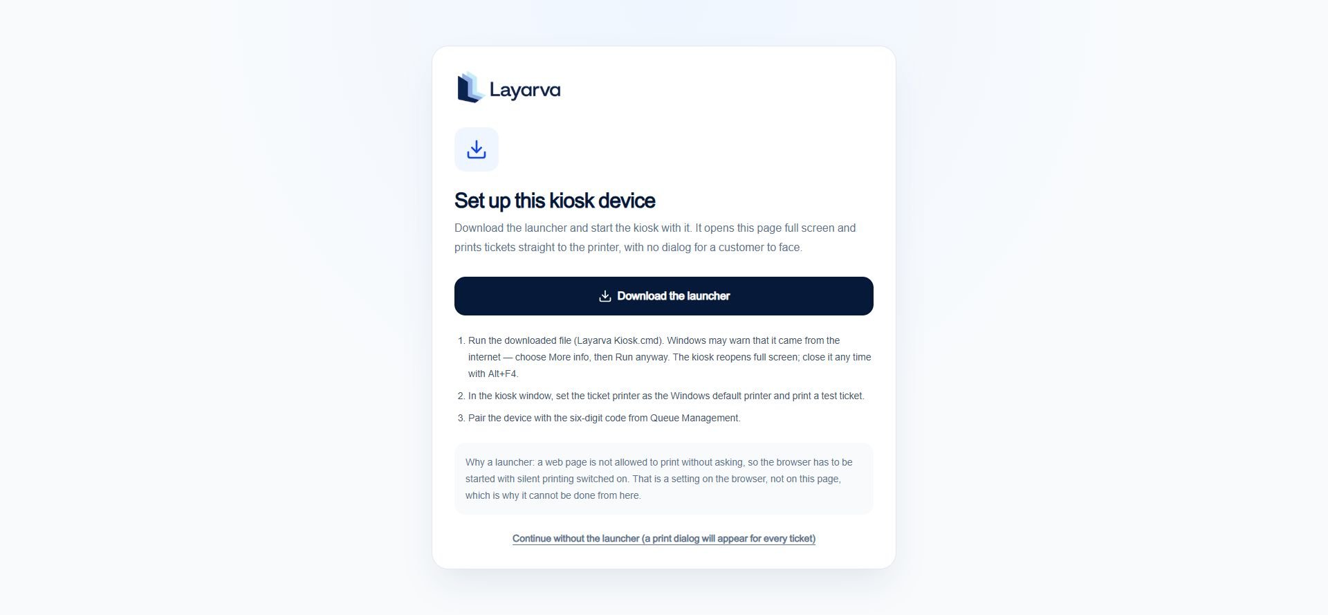 Layarva Kiosk setup page with Download the launcher instructions and browser-only fallback
