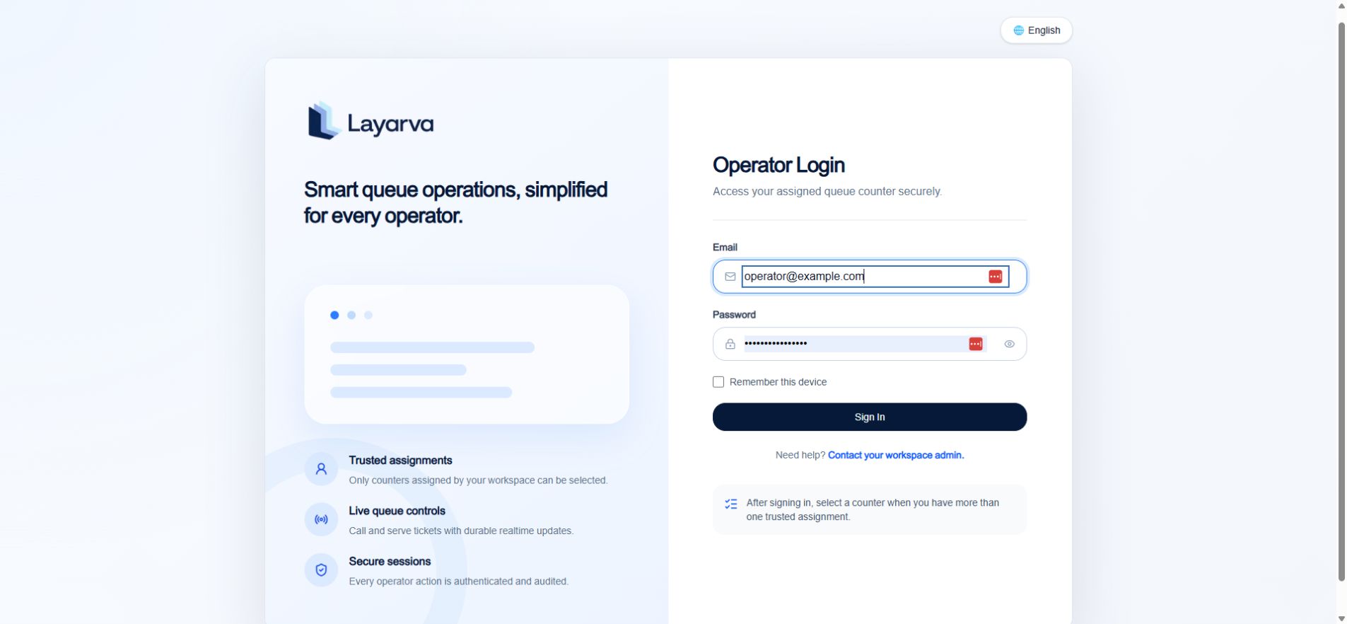 Layarva Operator Login page with empty Email and Password fields