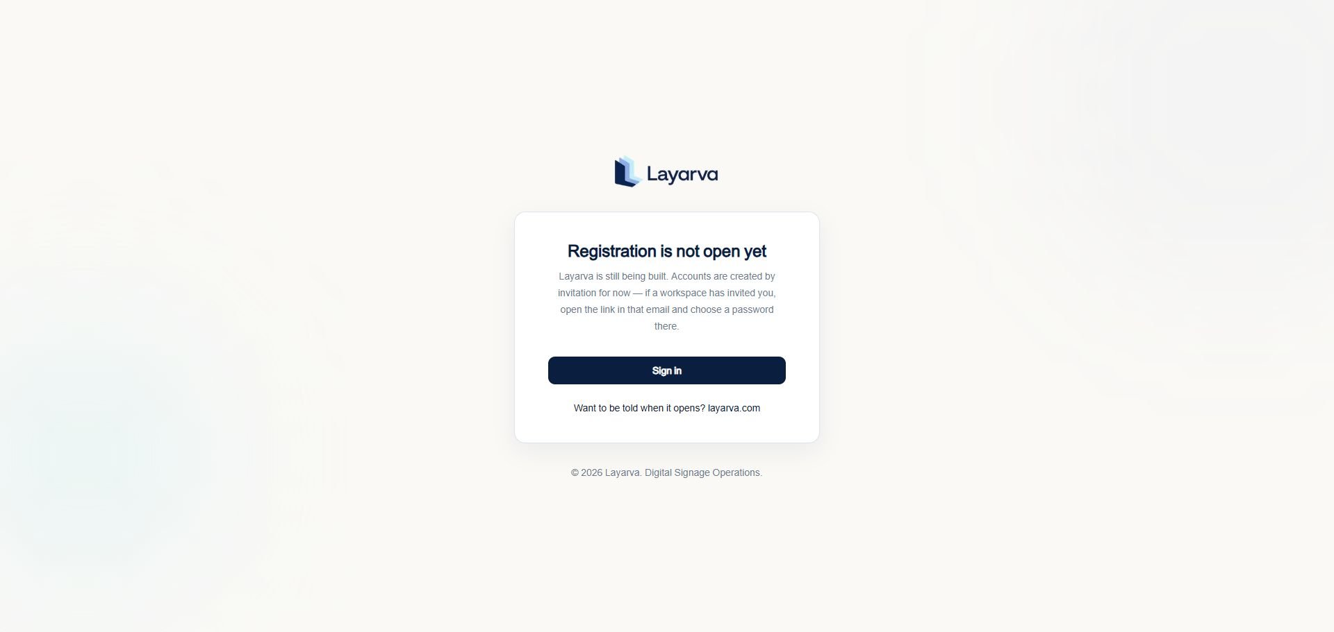 Layarva registration page stating that registration is invitation-only