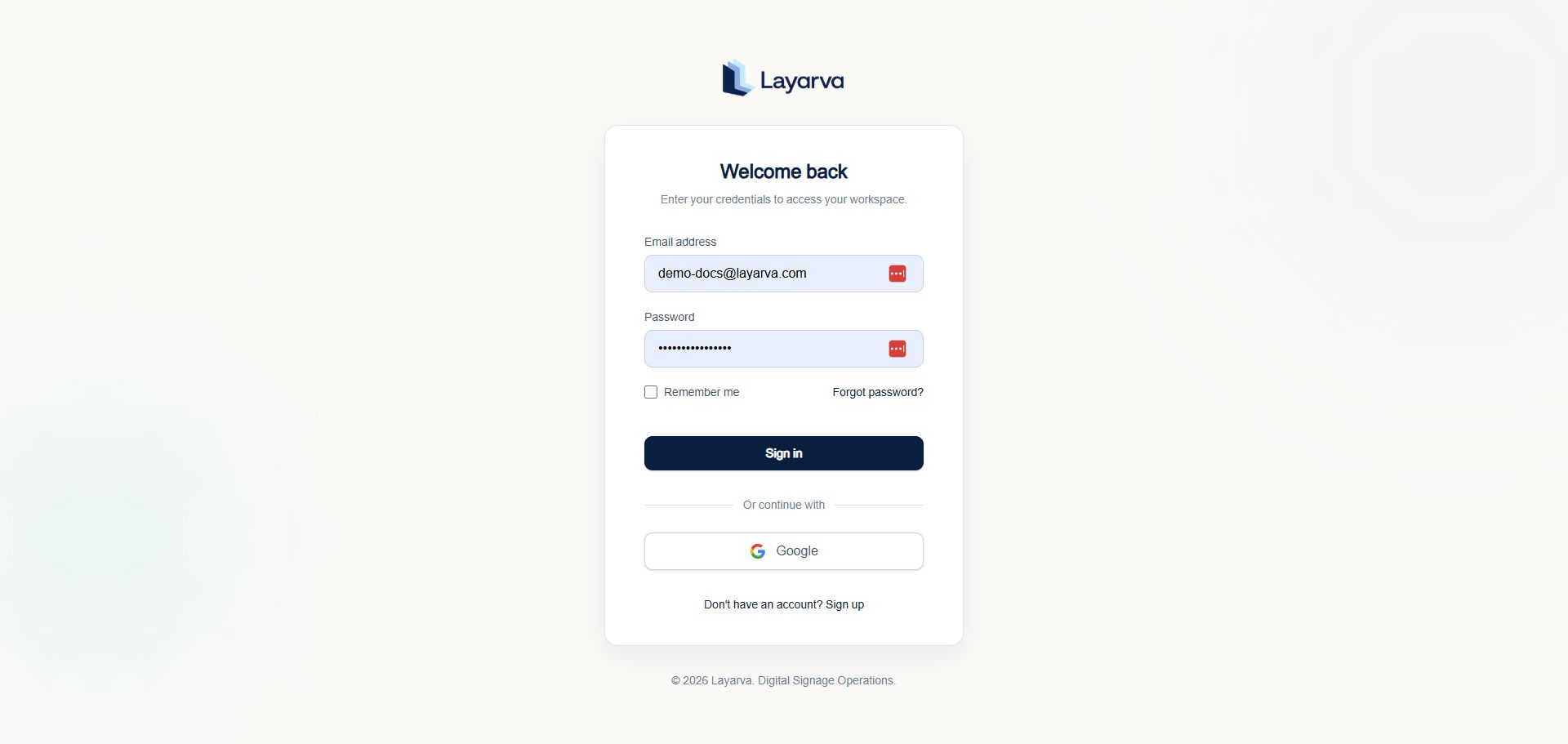 Layarva sign-in form with email and password fields