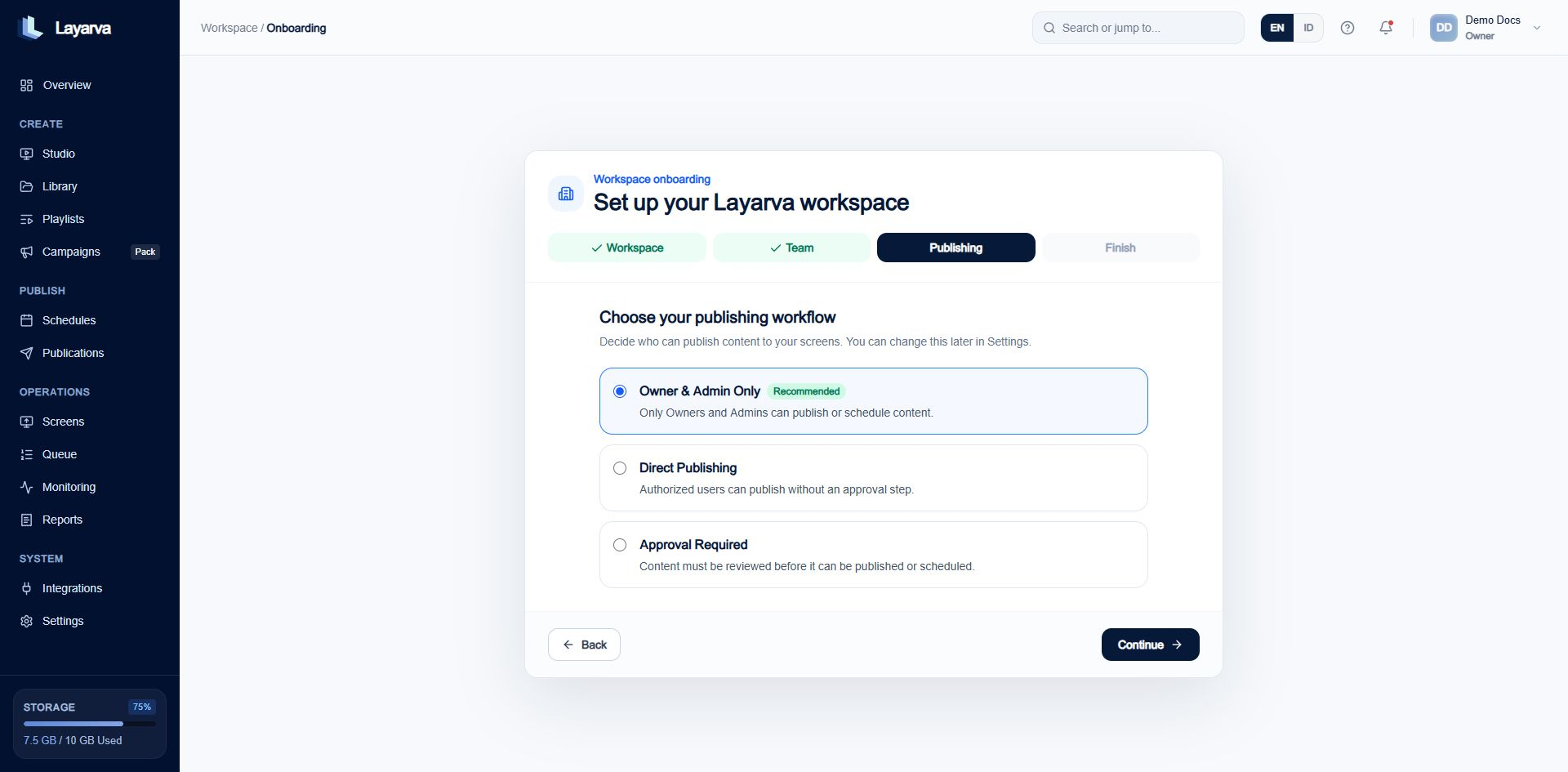 Publishing policy choices during workspace onboarding