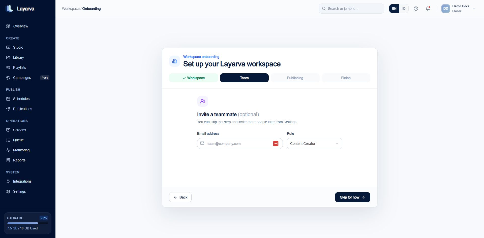 Optional teammate invitation step in workspace onboarding