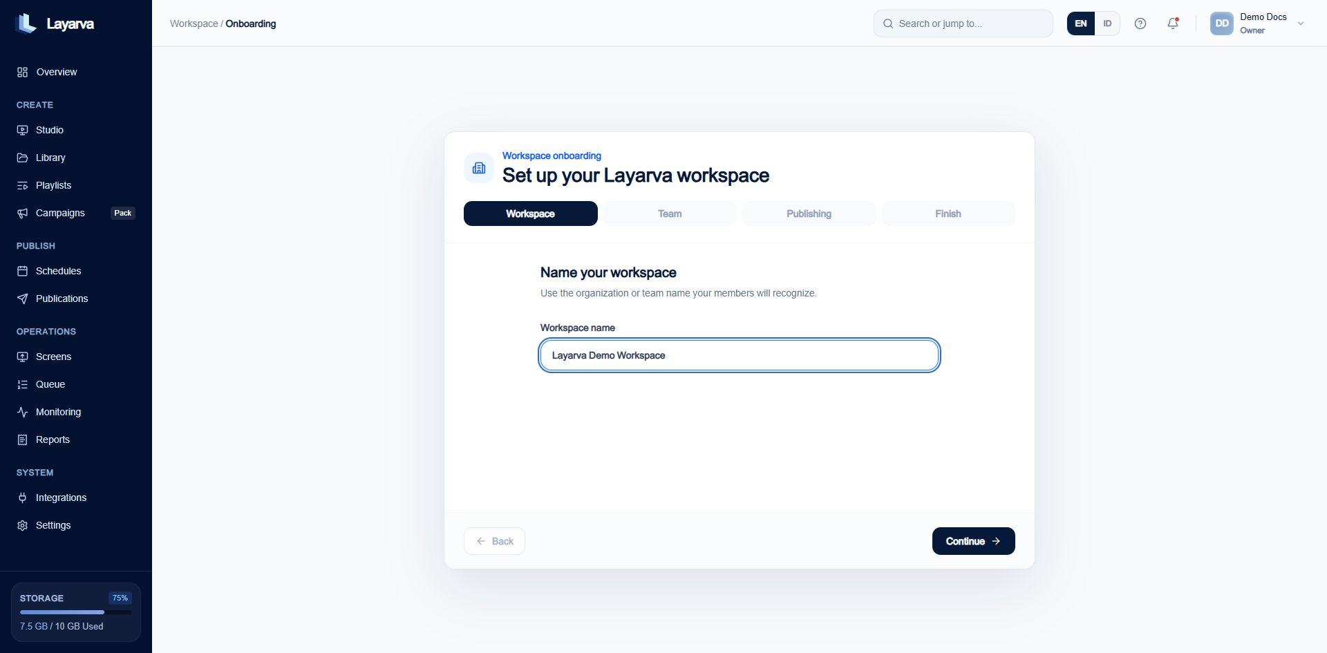 Workspace onboarding step for entering a workspace name
