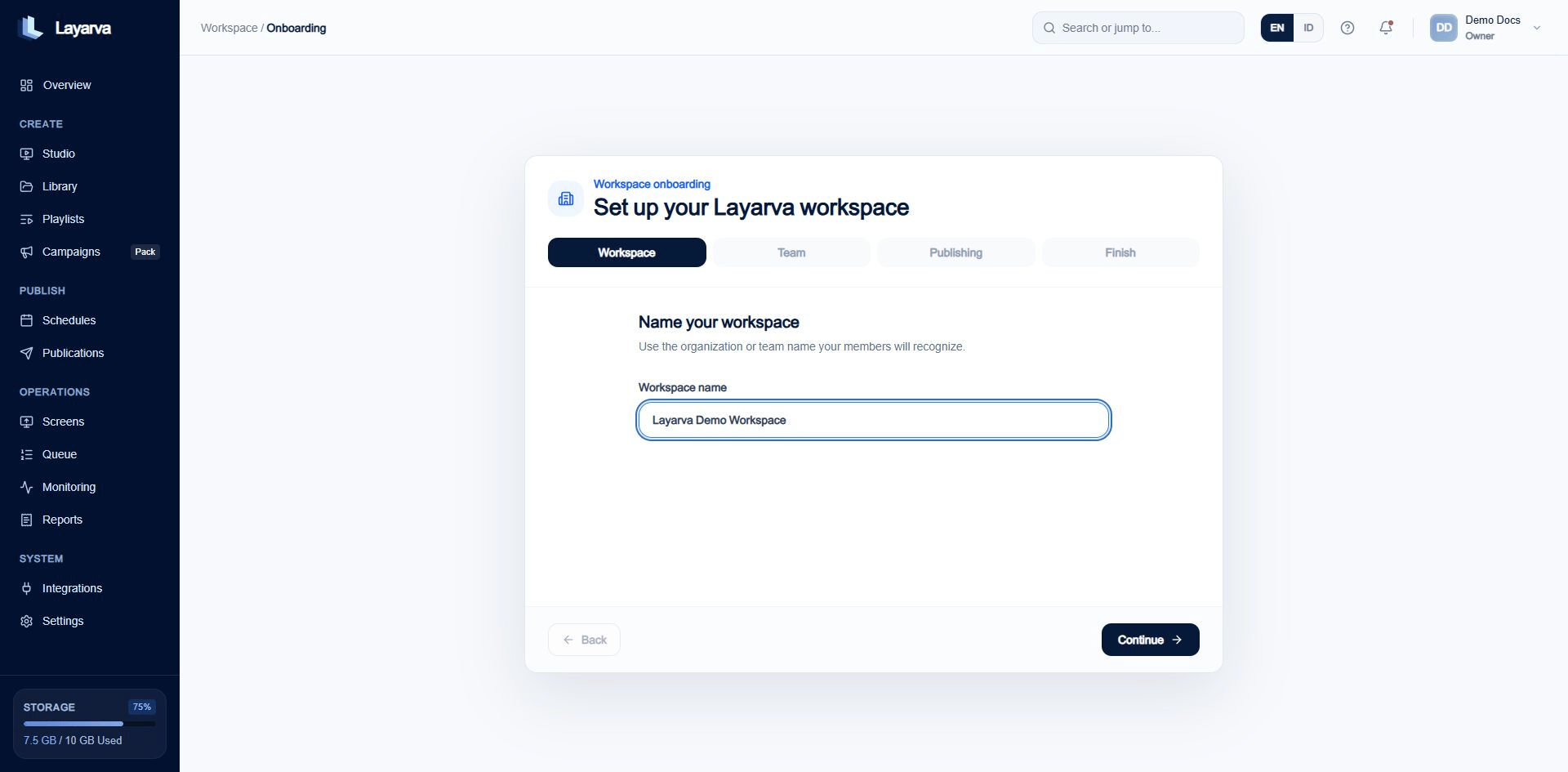 Workspace onboarding step for entering a workspace name