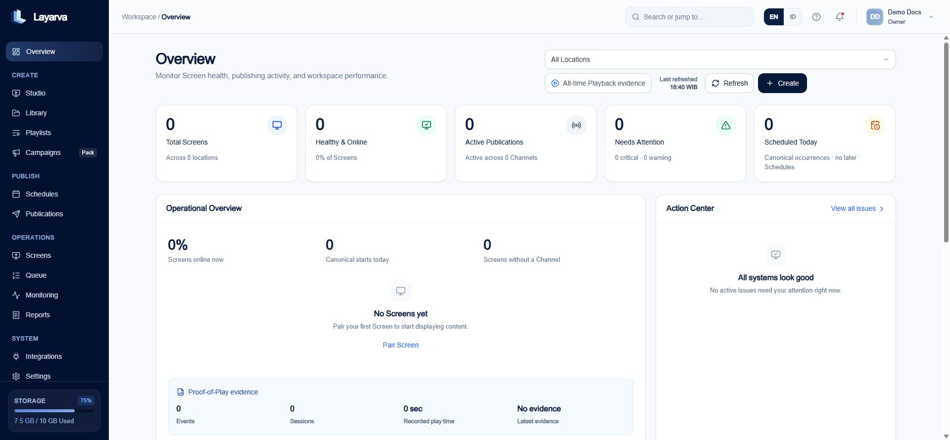 Layarva workspace Overview after onboarding