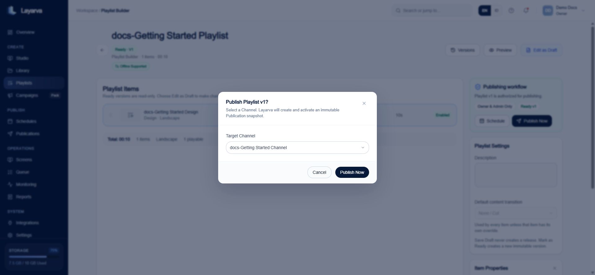 Publish Playlist dialog for choosing or creating a Channel