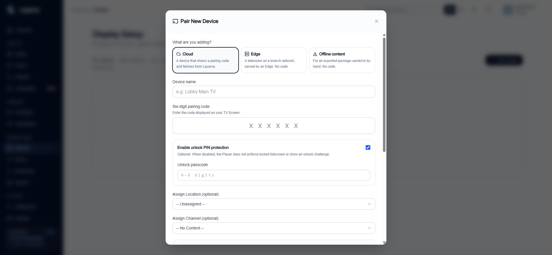 Pair New Device dialog with Cloud, Edge, and offline choices