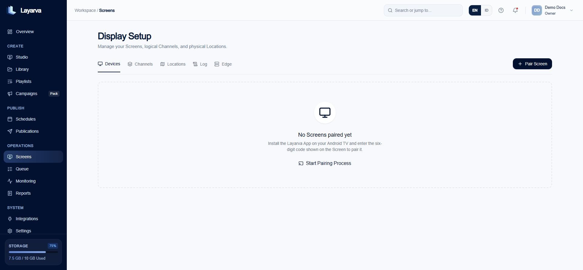 Screens page with no paired Screens