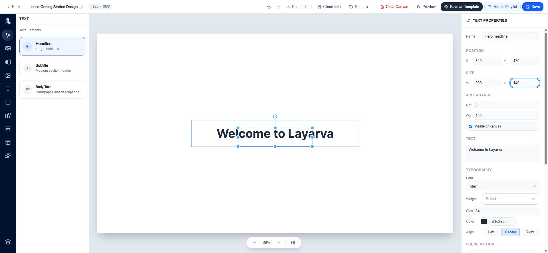 Studio Canvas with a selected text element and its properties