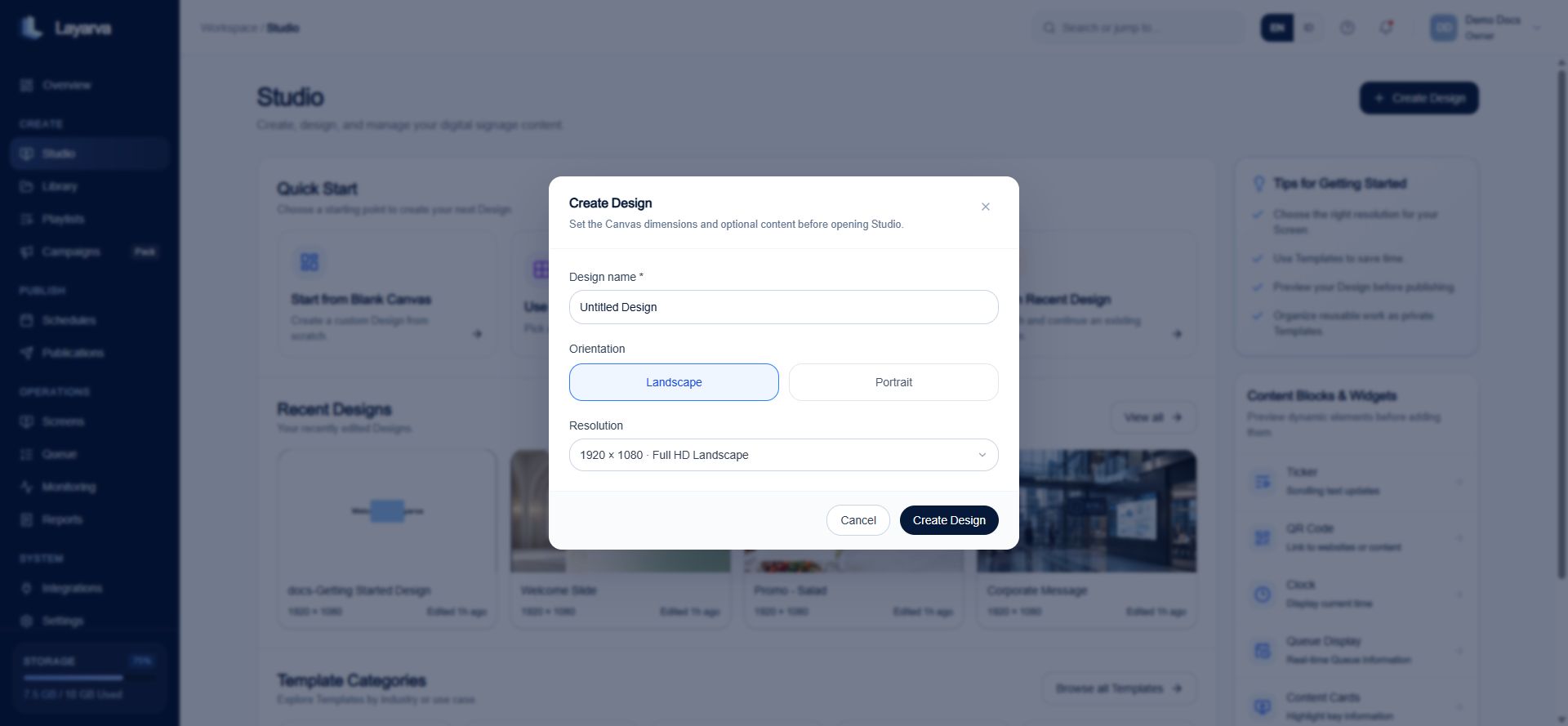 Create Design dialog with name, orientation, and resolution