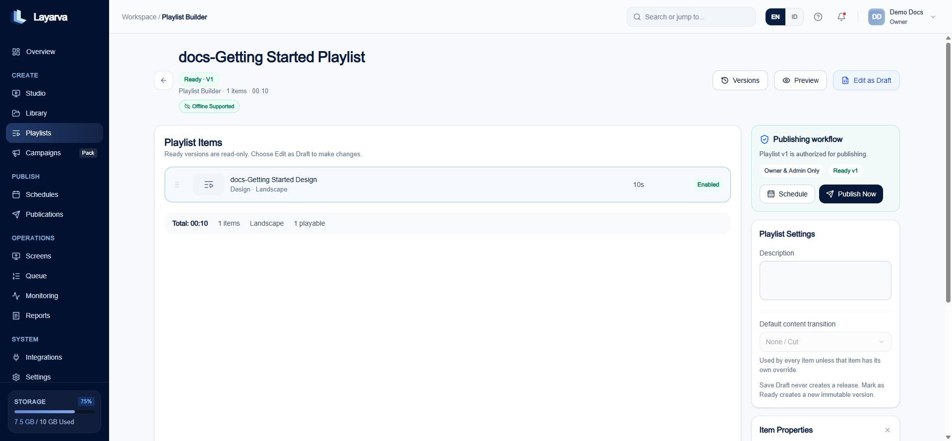 Playlist Builder showing Ready version 1