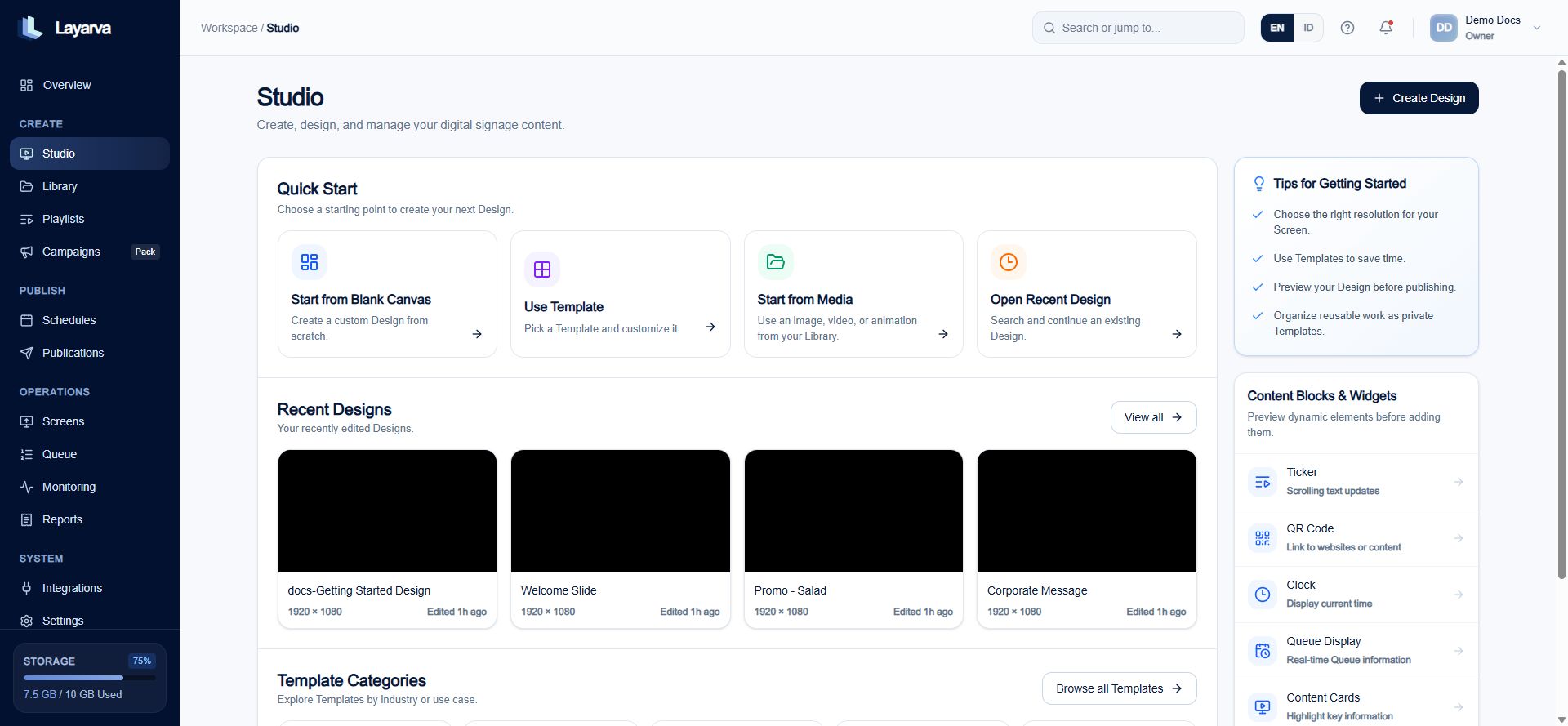 Layarva Studio overview with Quick Start and Recent Designs