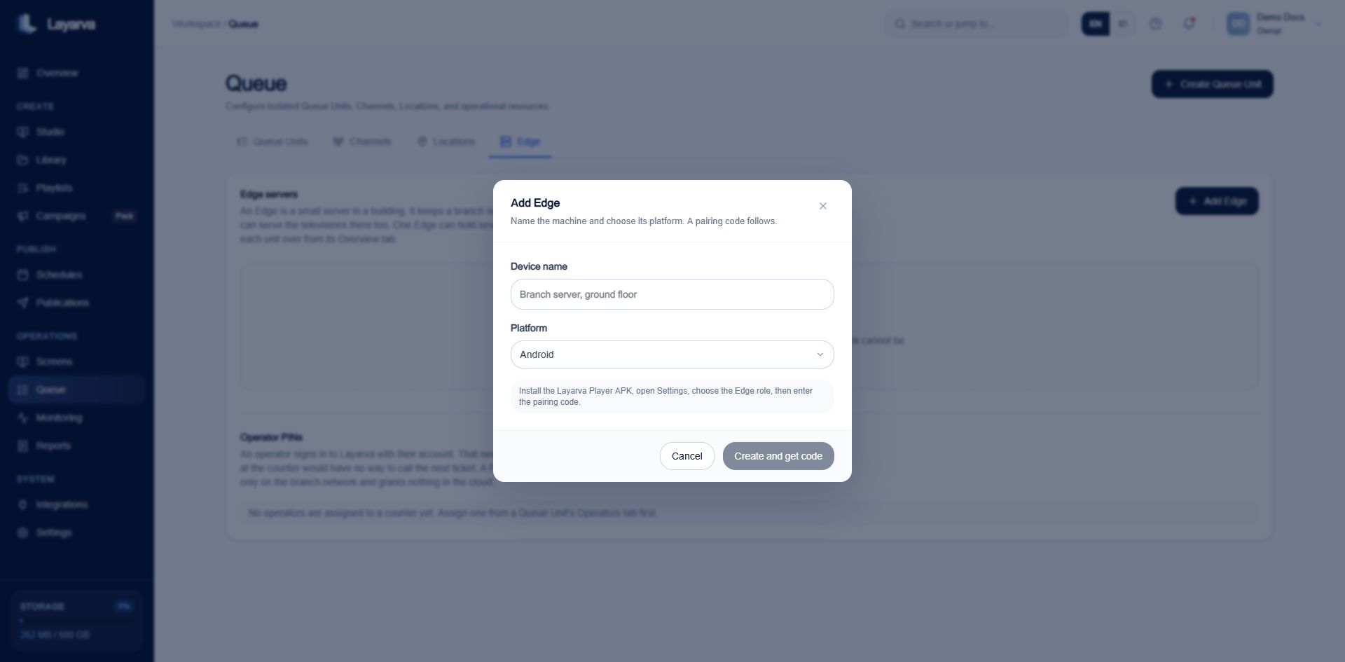 Add Edge dialog with device name and platform fields