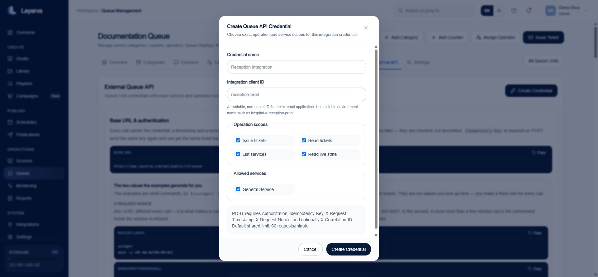 Create Queue API Credential dialog with operation scopes and allowed services