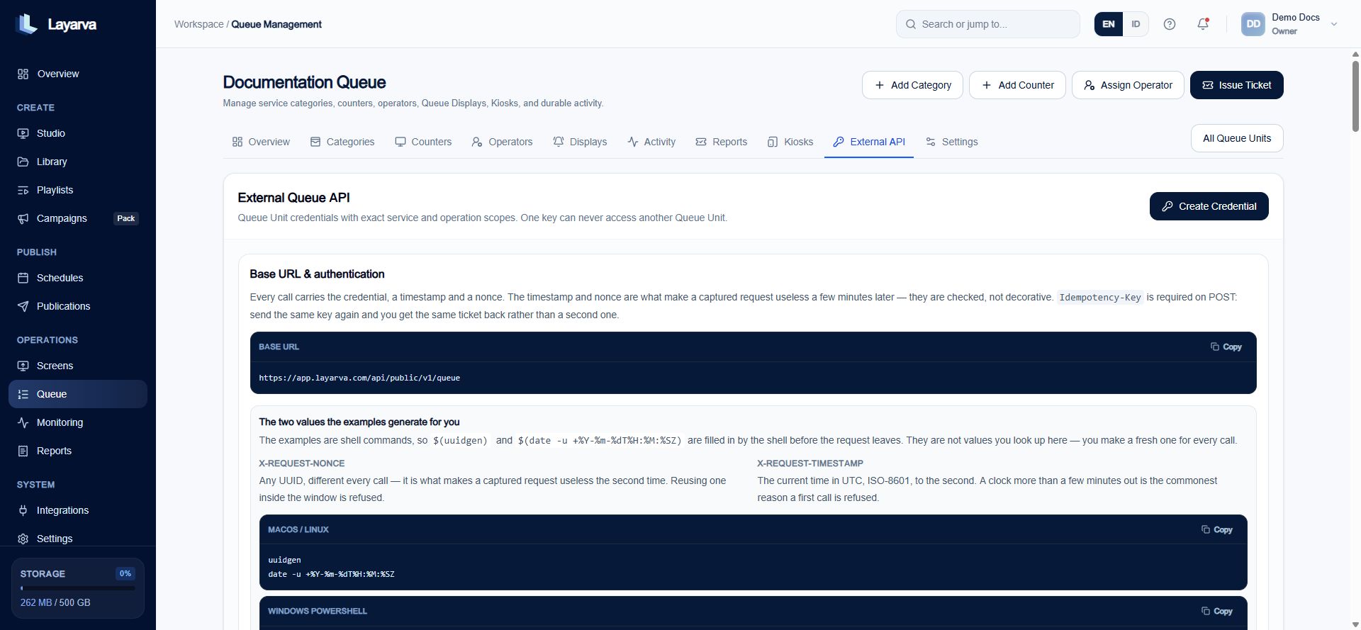 Queue External API page with base URL, request headers, endpoints, responses, and webhook guidance