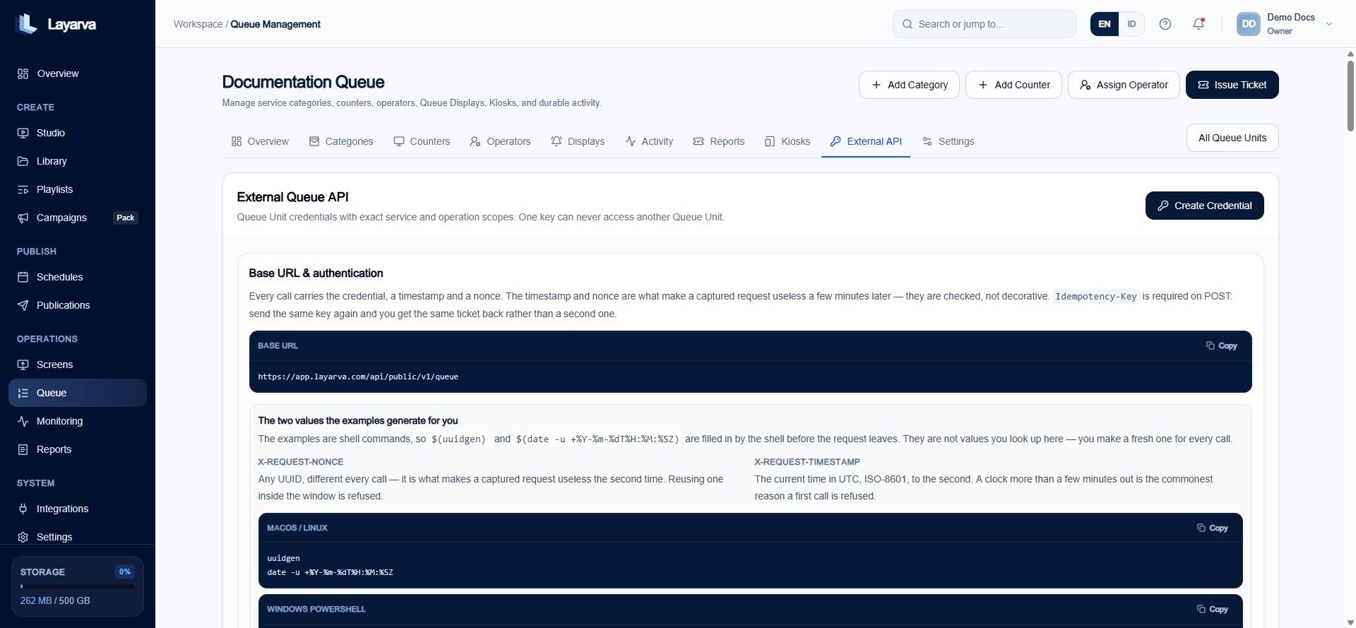 Queue External API page with base URL, request headers, endpoints, responses, and webhook guidance