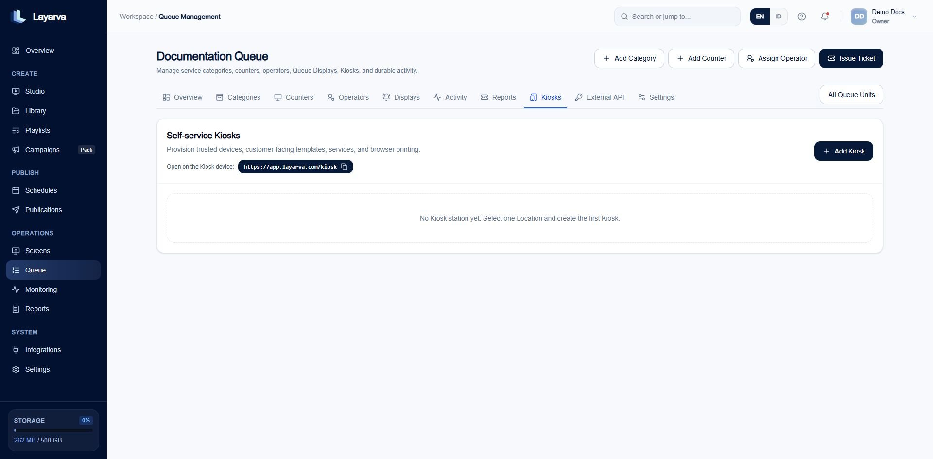 Queue Kiosks tab with Kiosk URL and Add Kiosk action