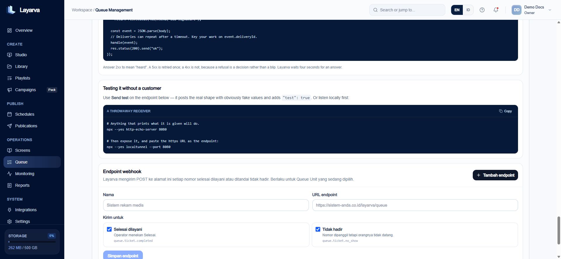 Queue webhook endpoint form with completed and no-show event choices