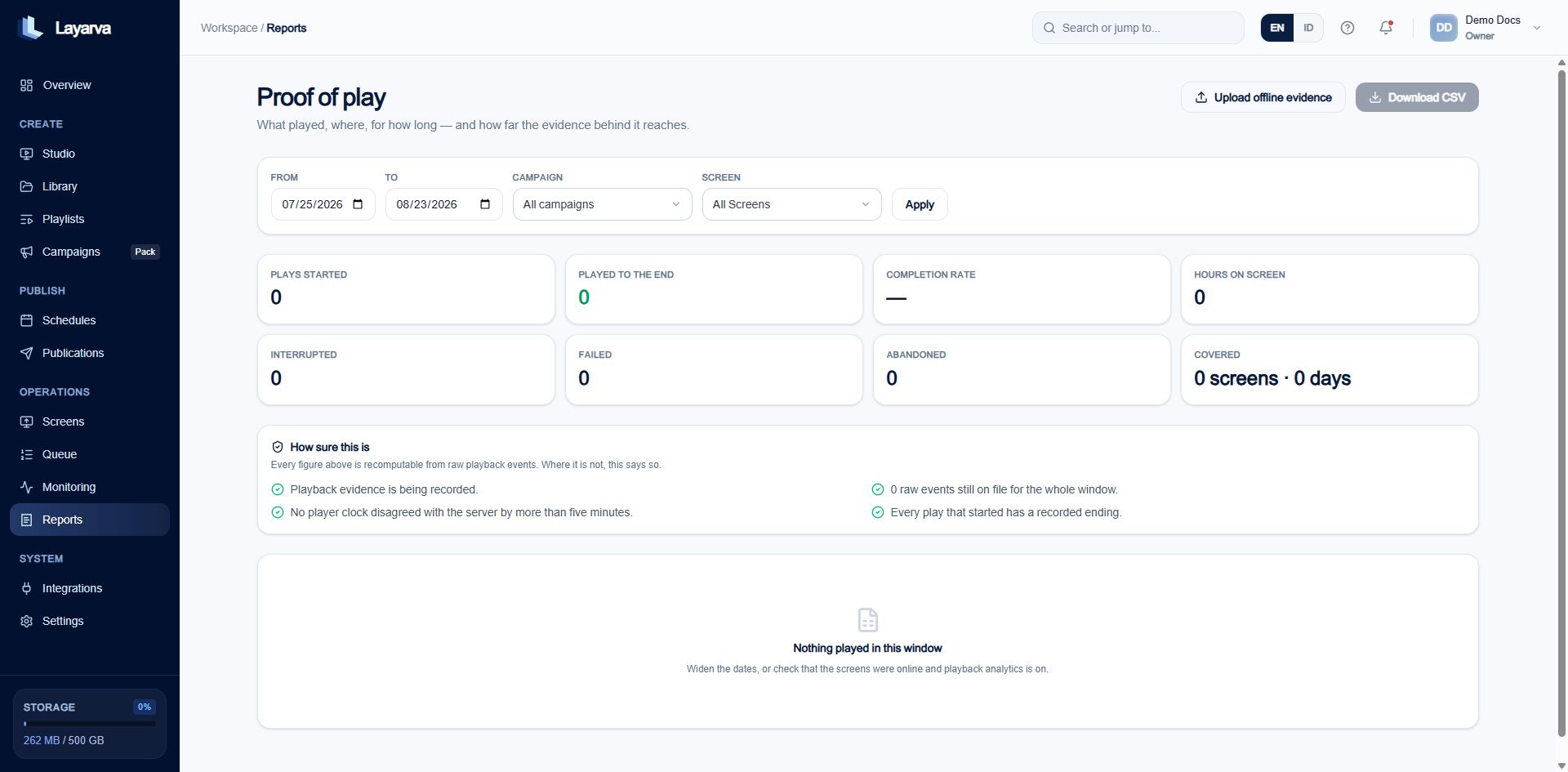 Layarva Proof of Play report with date, Campaign, Screen filters, metrics, and evidence confidence