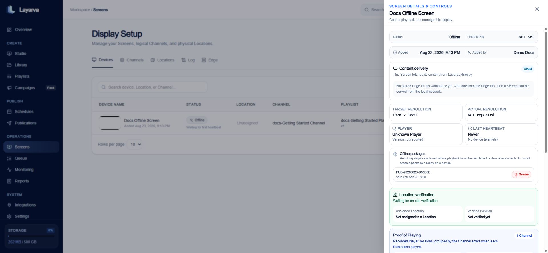 Screen action drawer showing pairing, verification, playback, unlock PIN, assignment, and archive controls