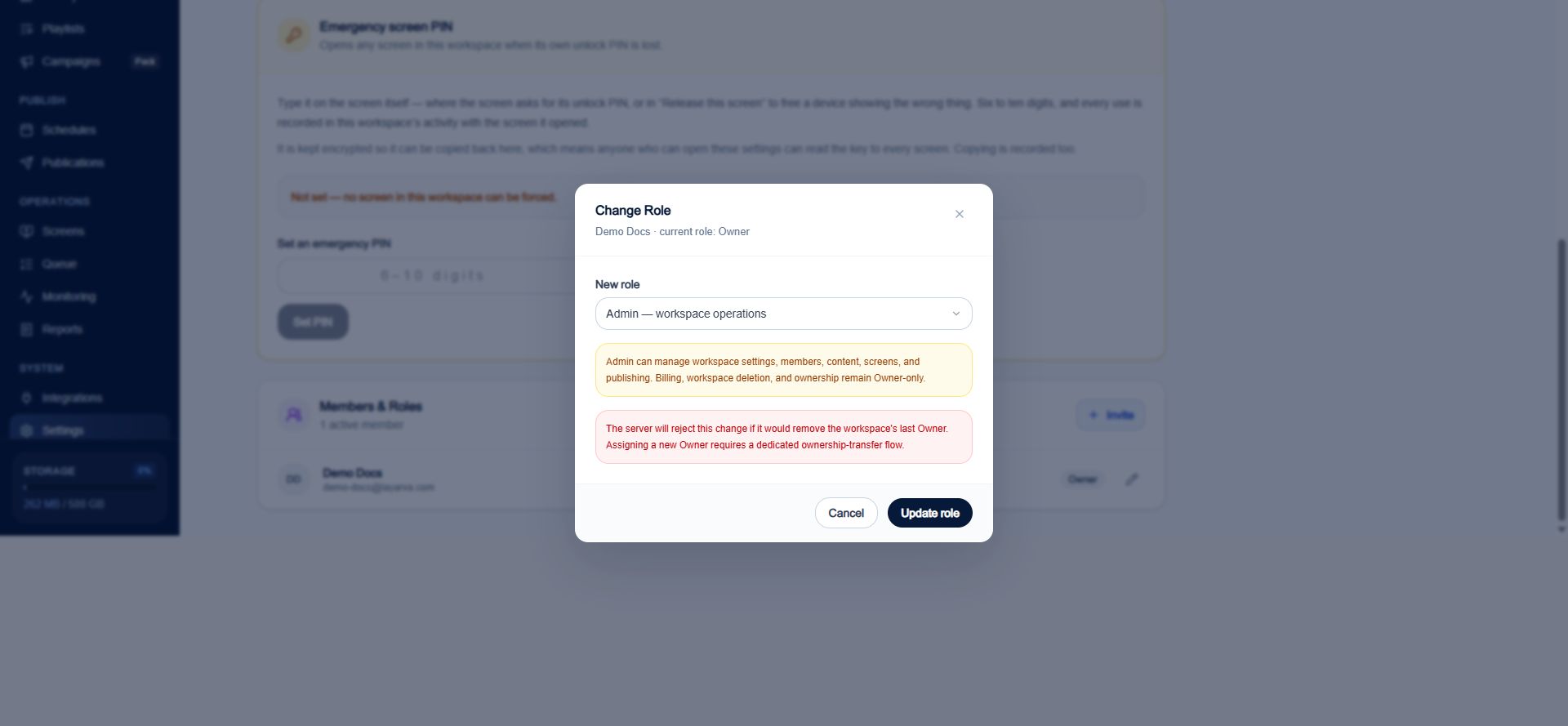 Change Role dialog showing Admin permissions and the last Owner safeguard