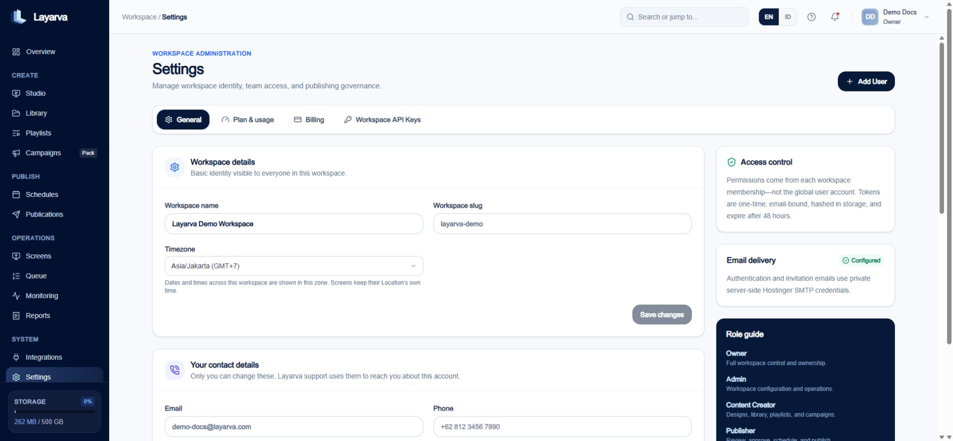 Workspace Settings showing members, roles, publishing policy, and emergency Screen PIN