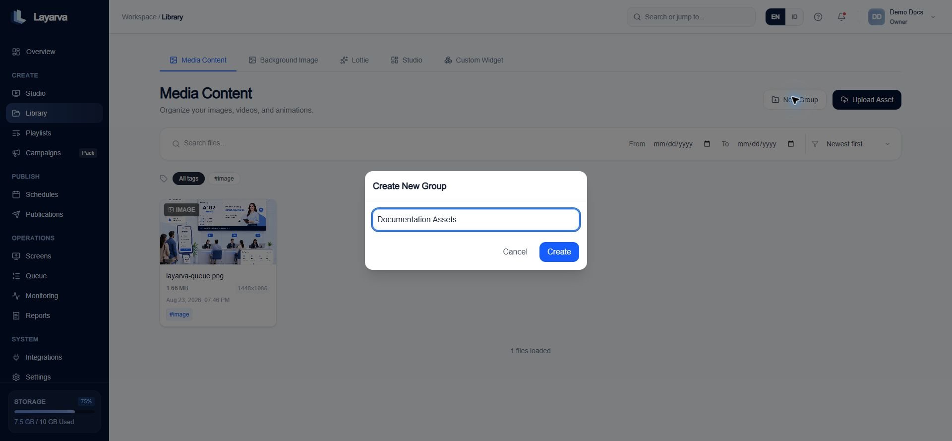 Create New Group dialog in Layarva Library
