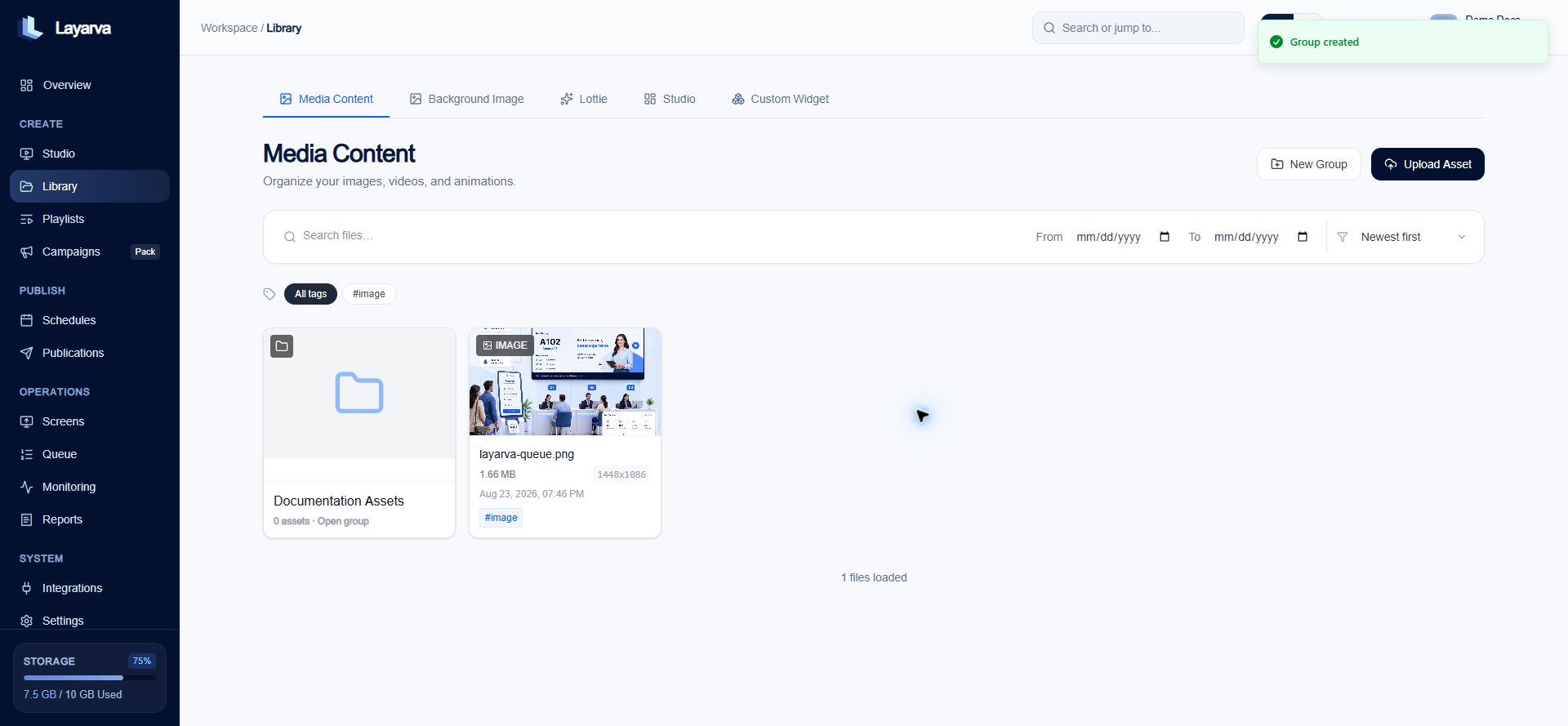 Layarva Library showing Media groups and asset management controls
