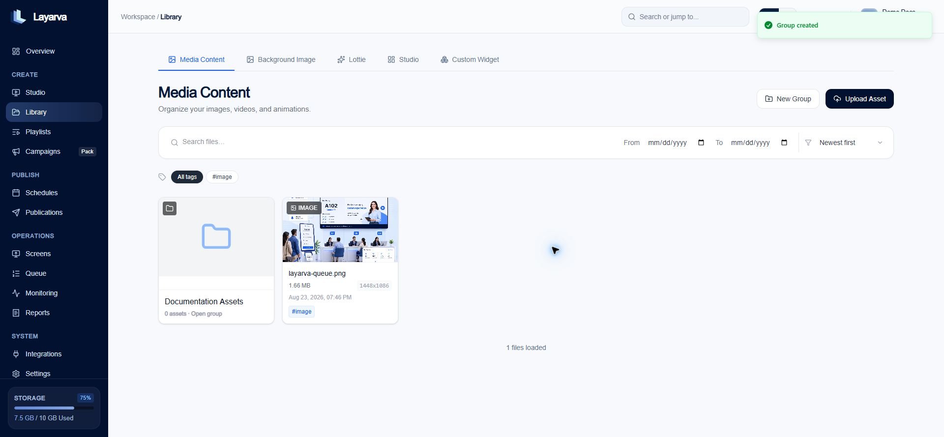 Layarva Library showing Media groups and asset management controls