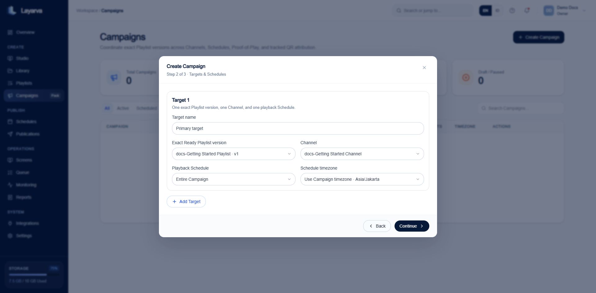 Create Campaign wizard showing Playlist version, Channel, and playback Schedule for a target