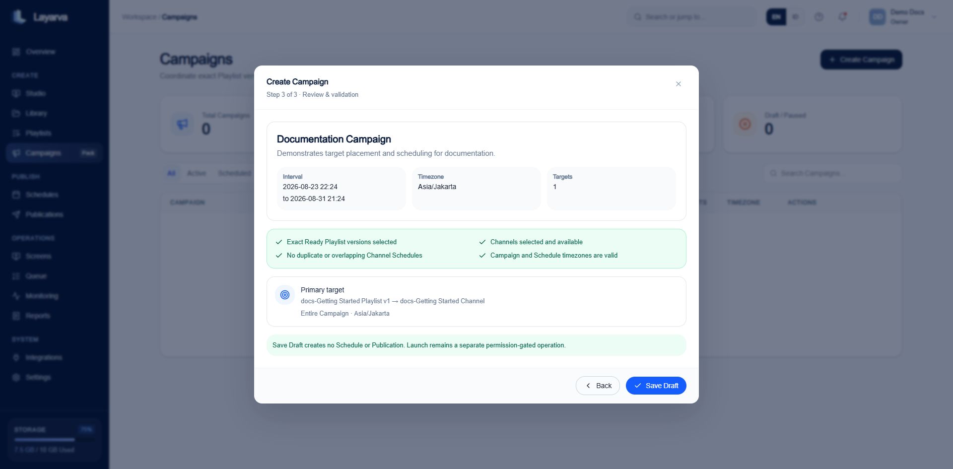 Campaign review step showing validation results for the selected target