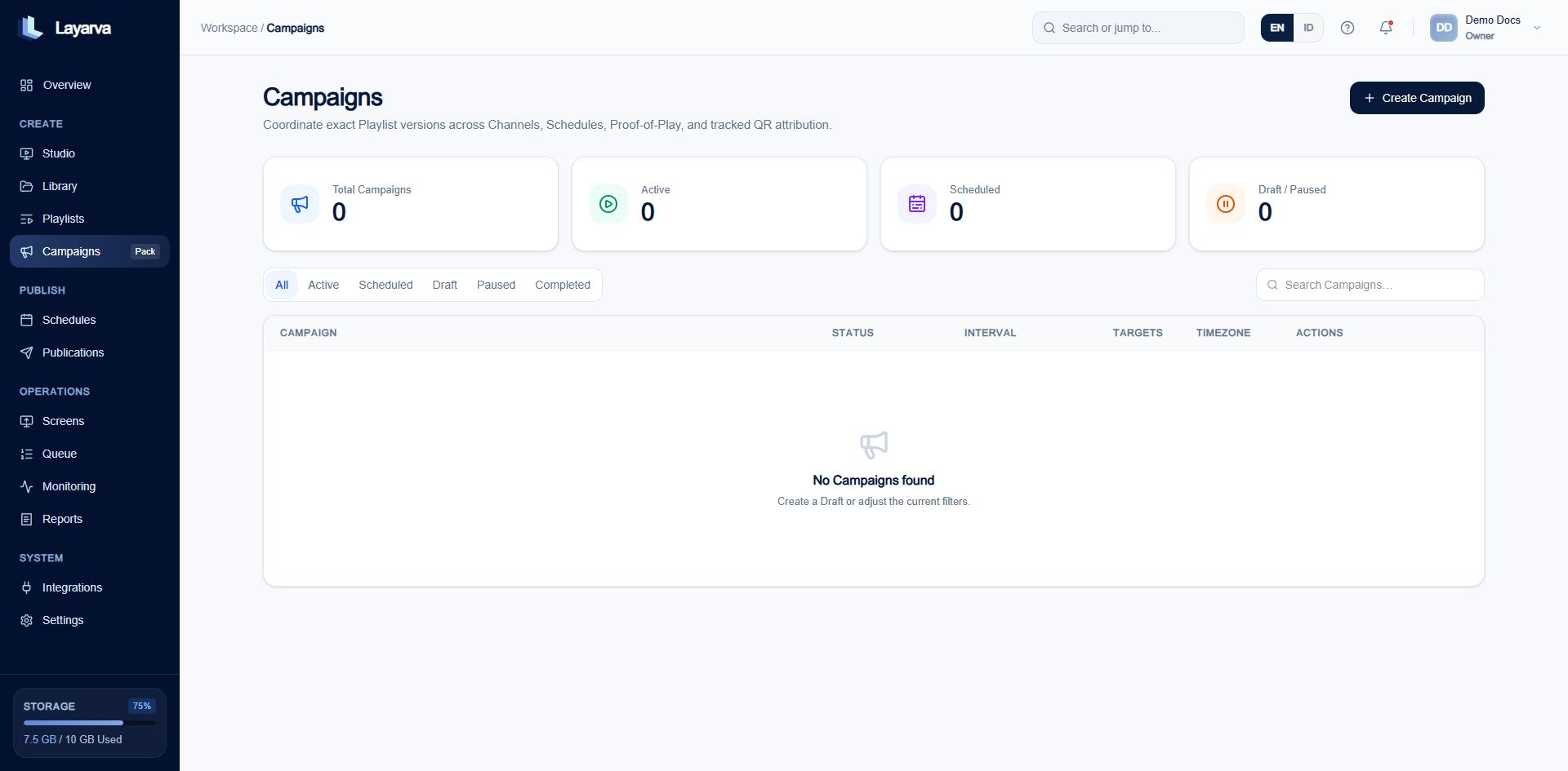 Layarva Campaigns dashboard with lifecycle counts, filters, and Campaign table