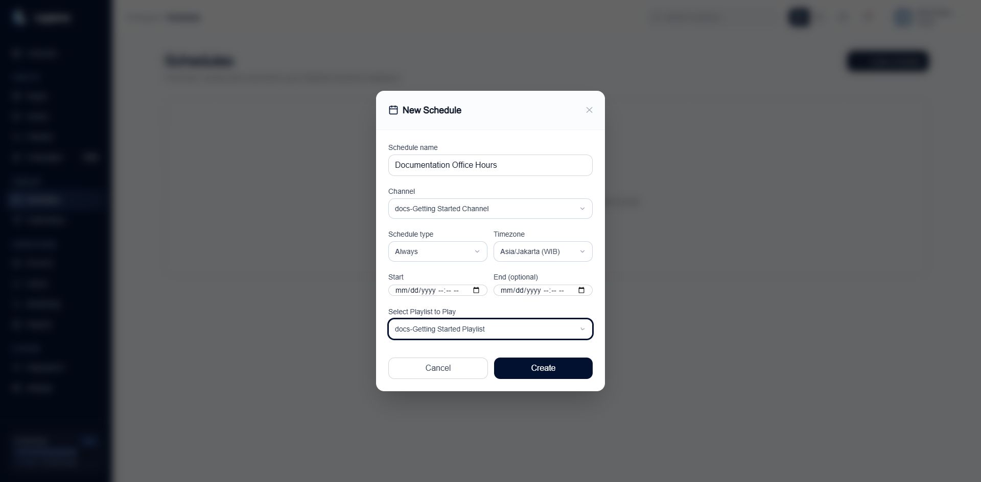 Create Schedule panel with name, Channel, timing type, timezone, and Playlist