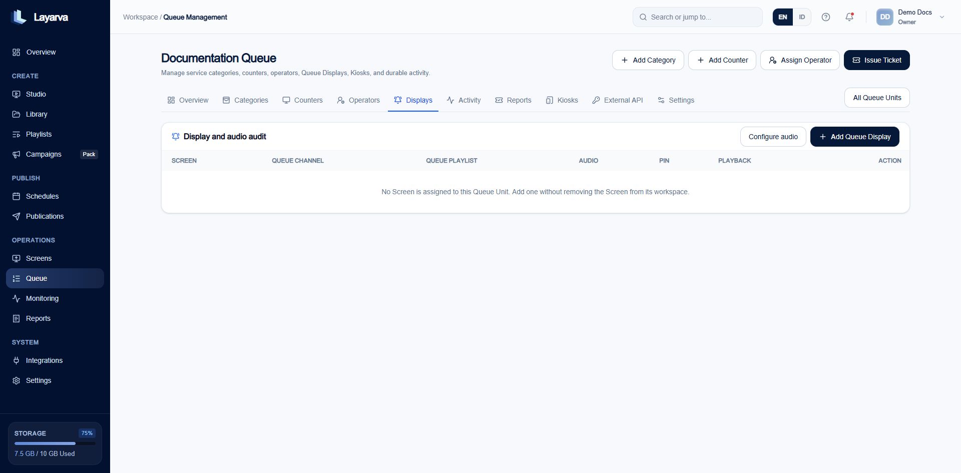 Queue Displays tab with Screen, playback, and audio controls