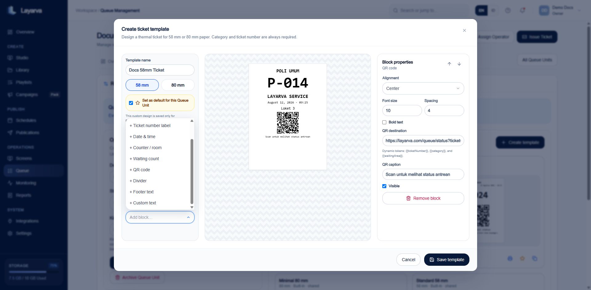 Queue thermal ticket template editor with 58 mm and 80 mm paper options
