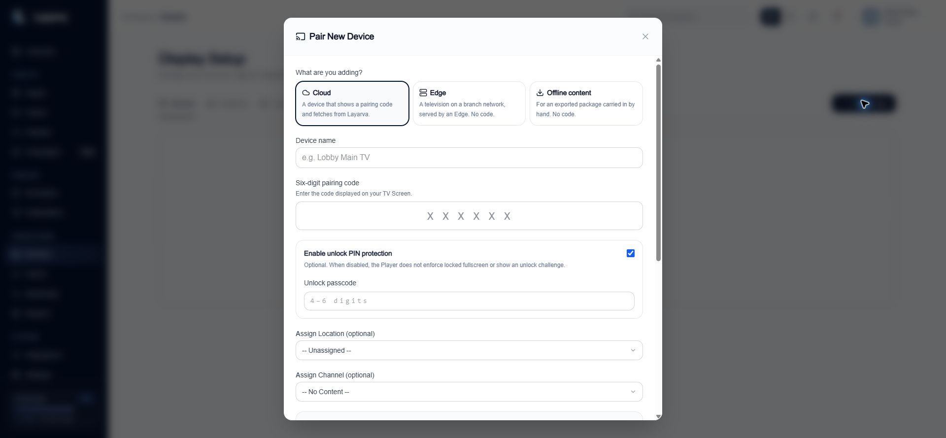Pair New Device dialog showing Cloud, Edge, and Offline content options