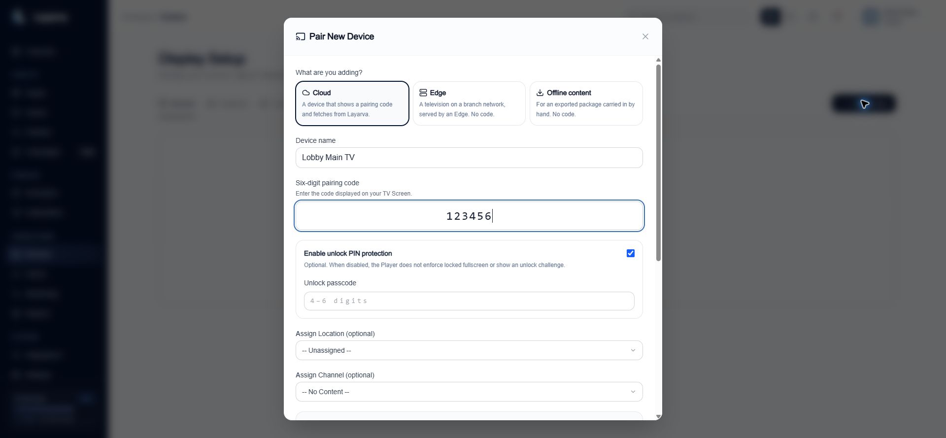 Cloud Screen pairing form with six-digit pairing code