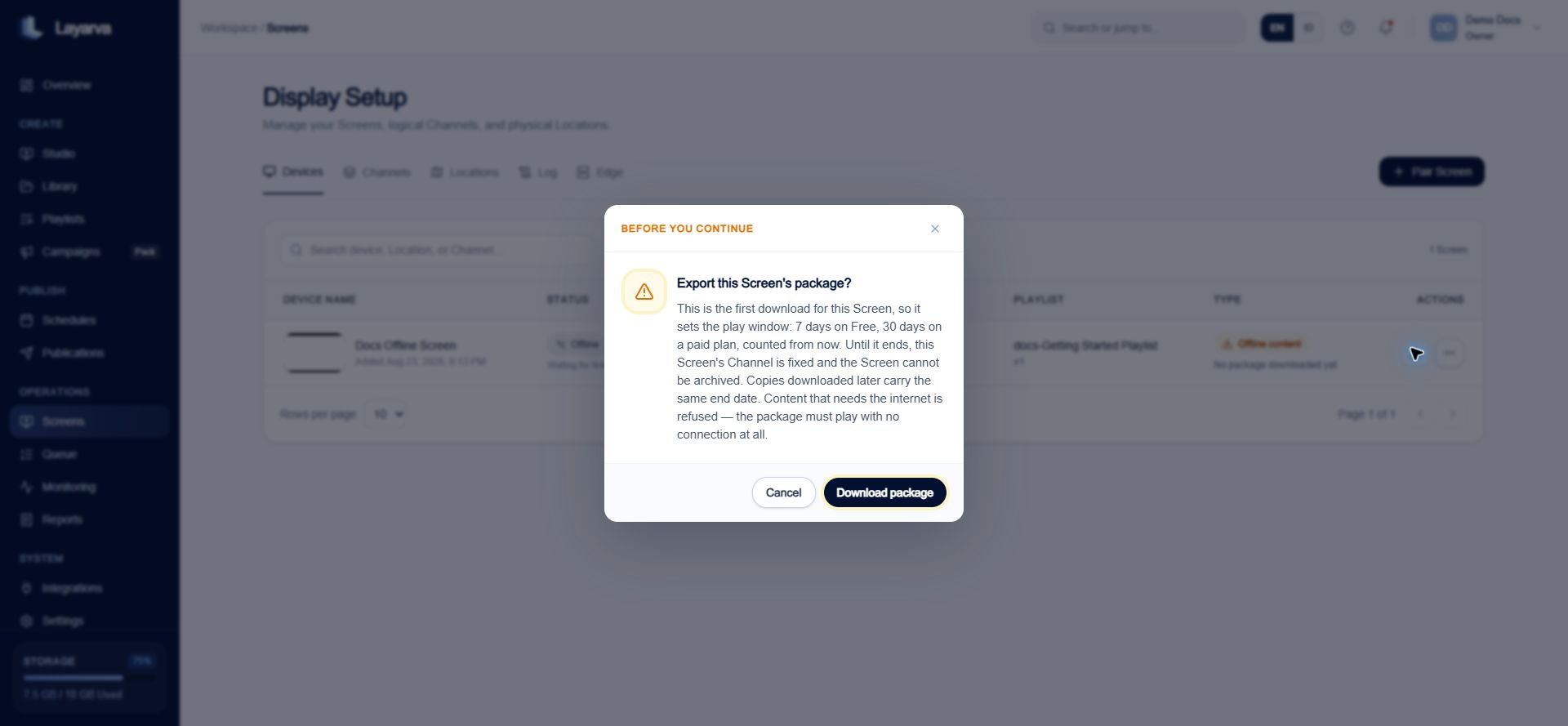 Confirm offline package export dialog showing Channel locking and playback lease