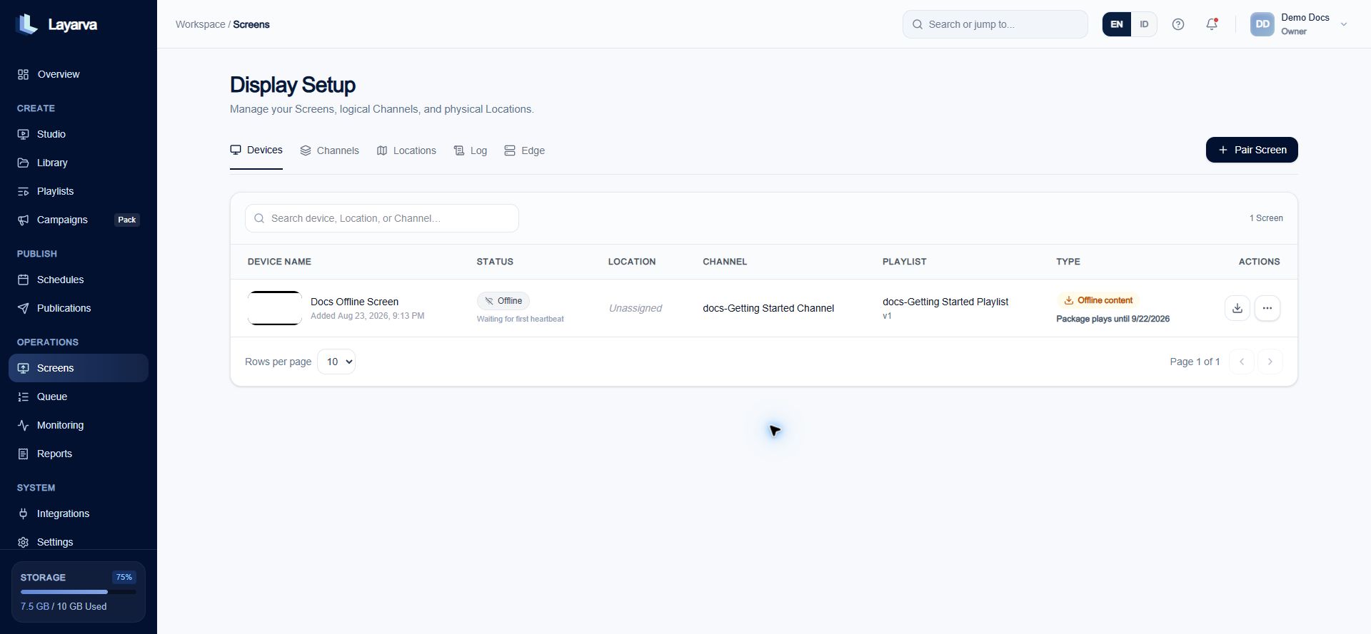 Offline Screen details with package export action and validity state