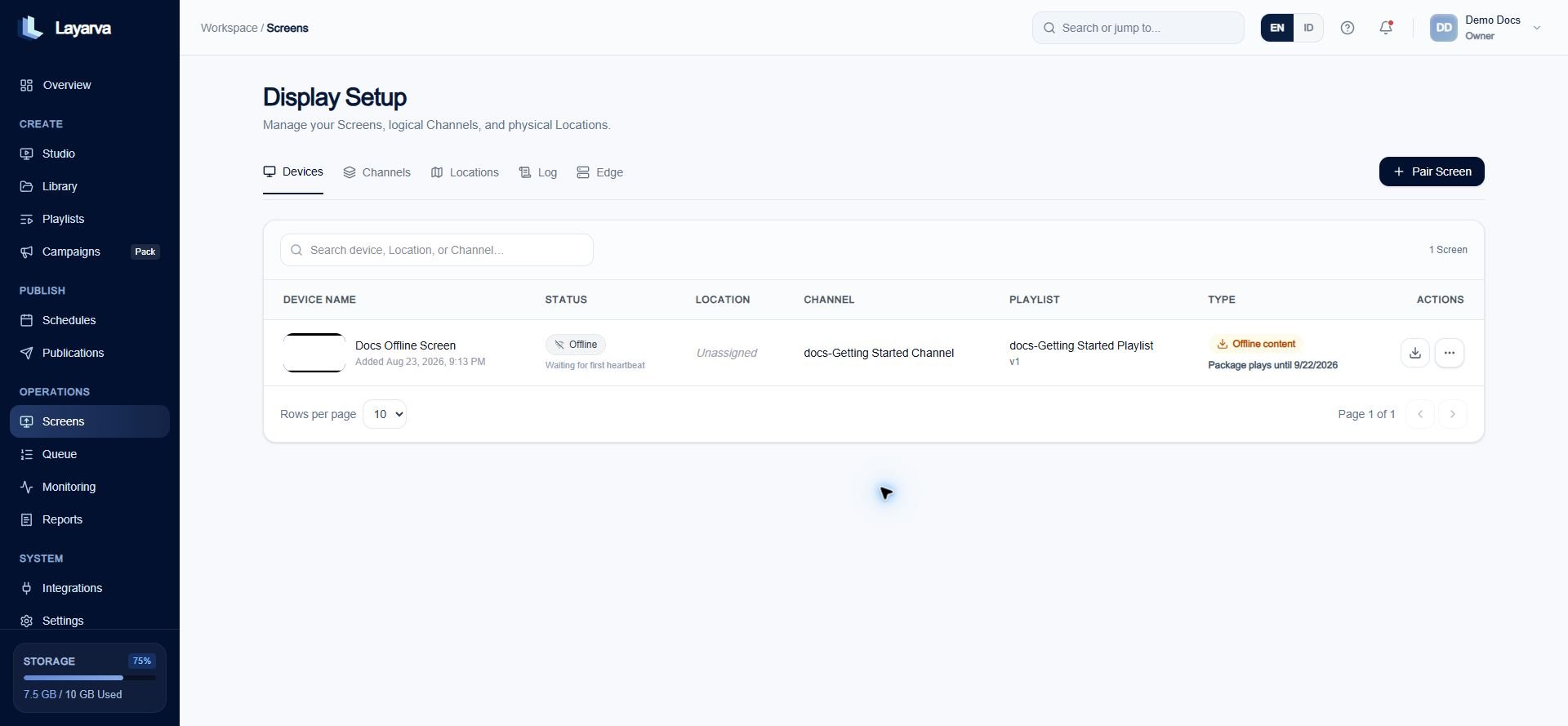 Offline Screen details with package export action and validity state