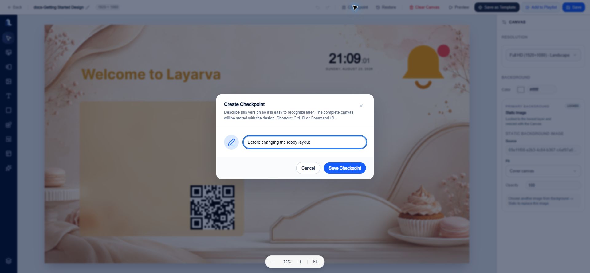 Create Checkpoint dialog in Layarva Studio