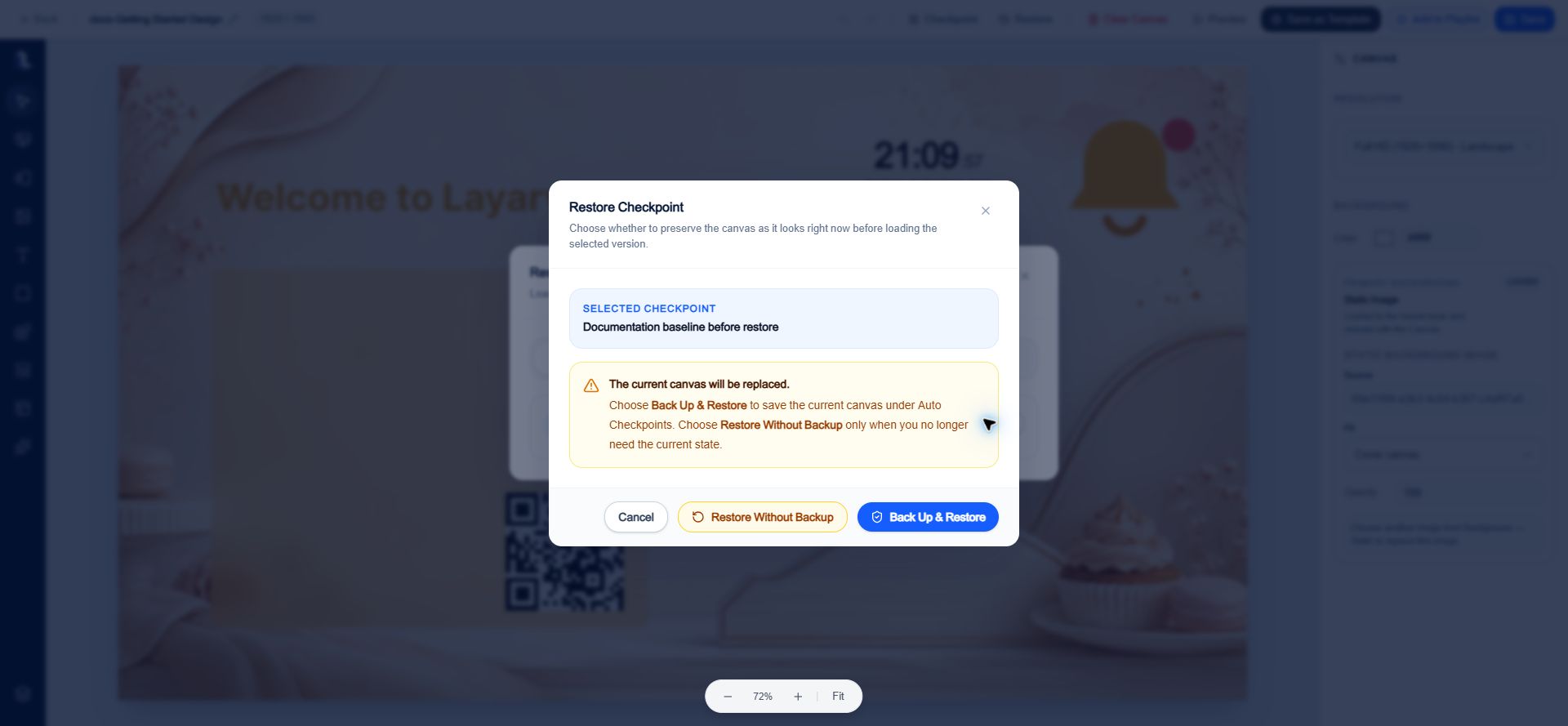 Checkpoint restore confirmation offering Back Up and Restore or Restore Without Backup