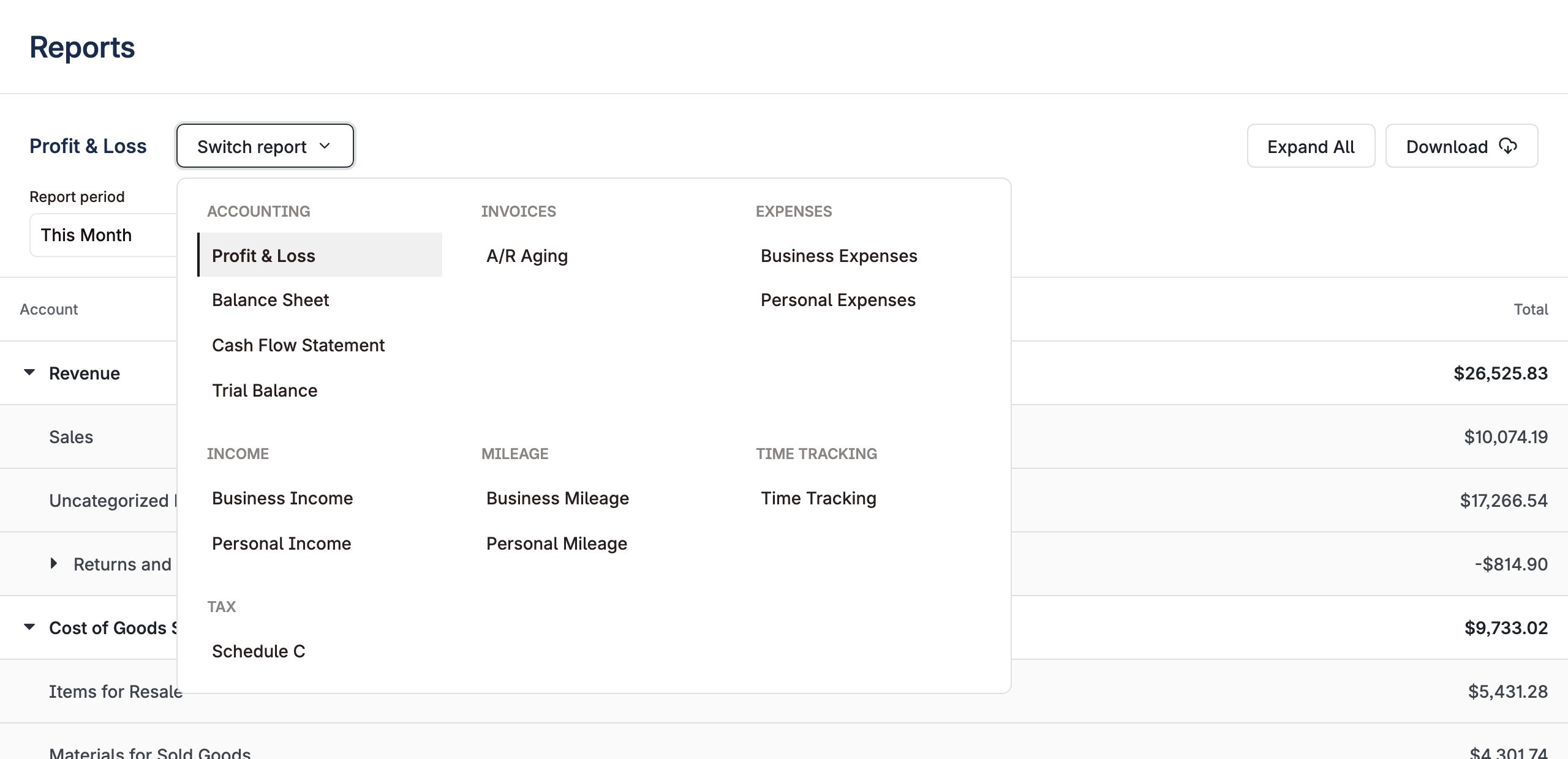 Report navigation as a menu