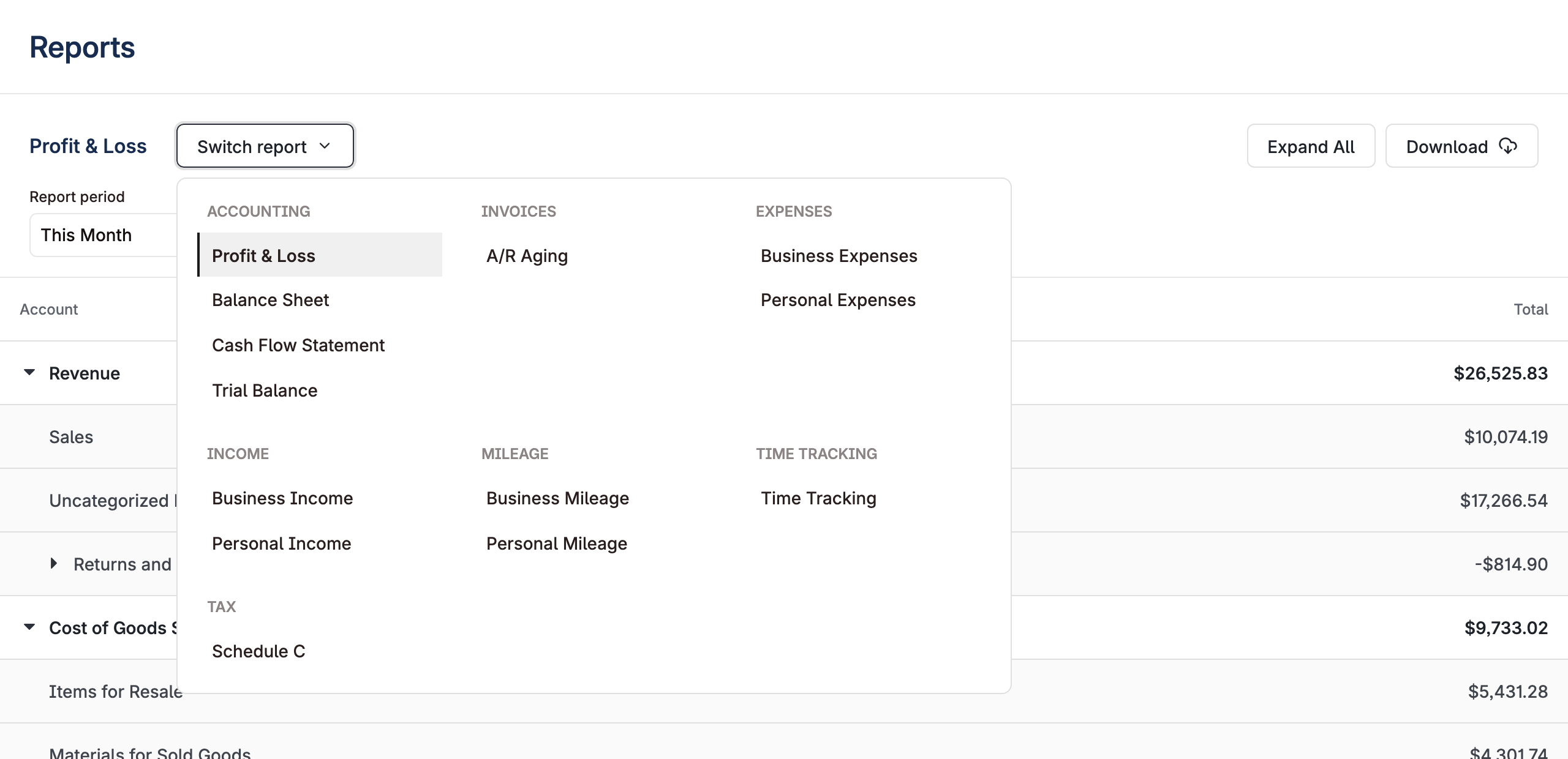 Report navigation as a menu