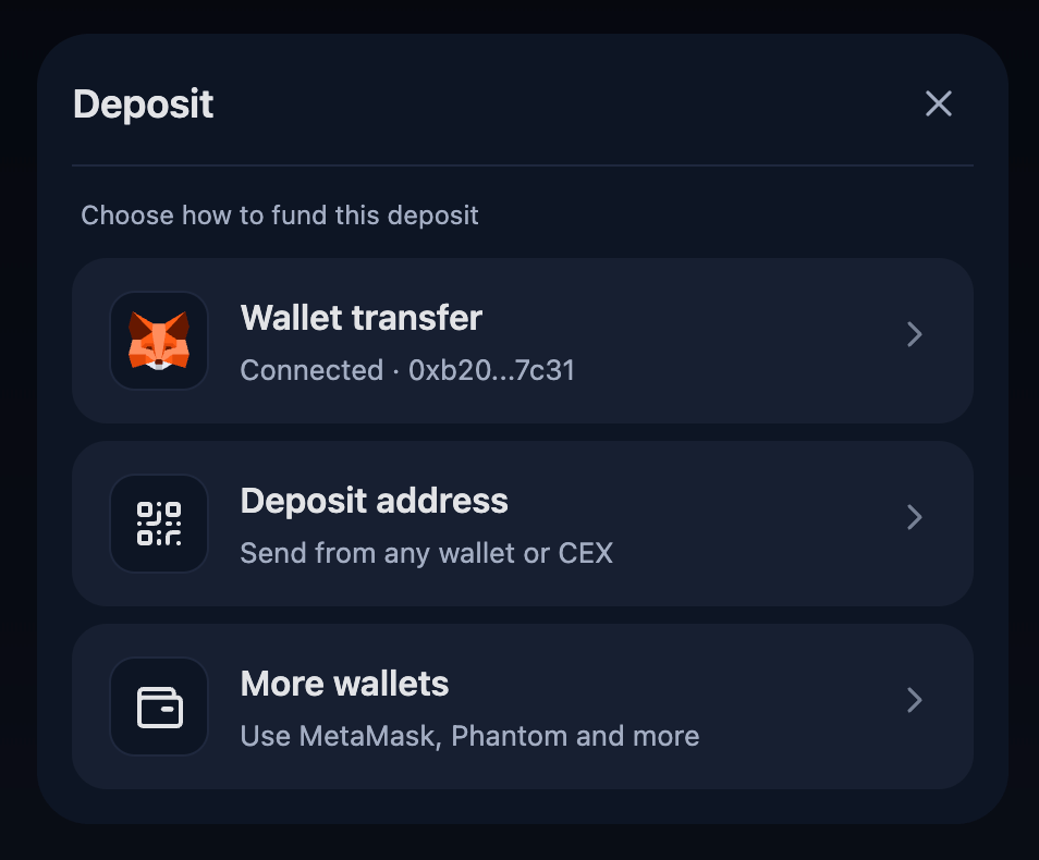 Deposit Widget — method picker showing Wallet transfer and Deposit address options